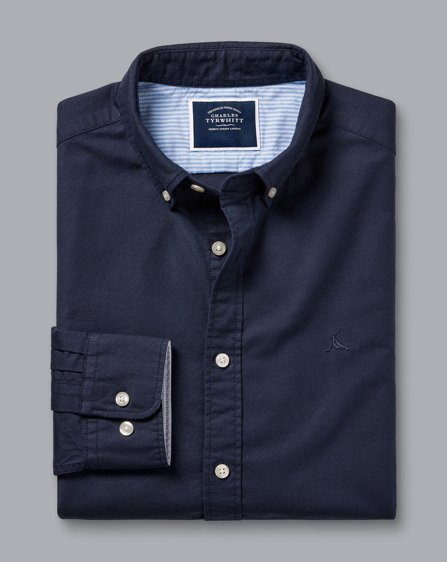 Button-Down Collar Washed Oxford Shirt - Navy Blue