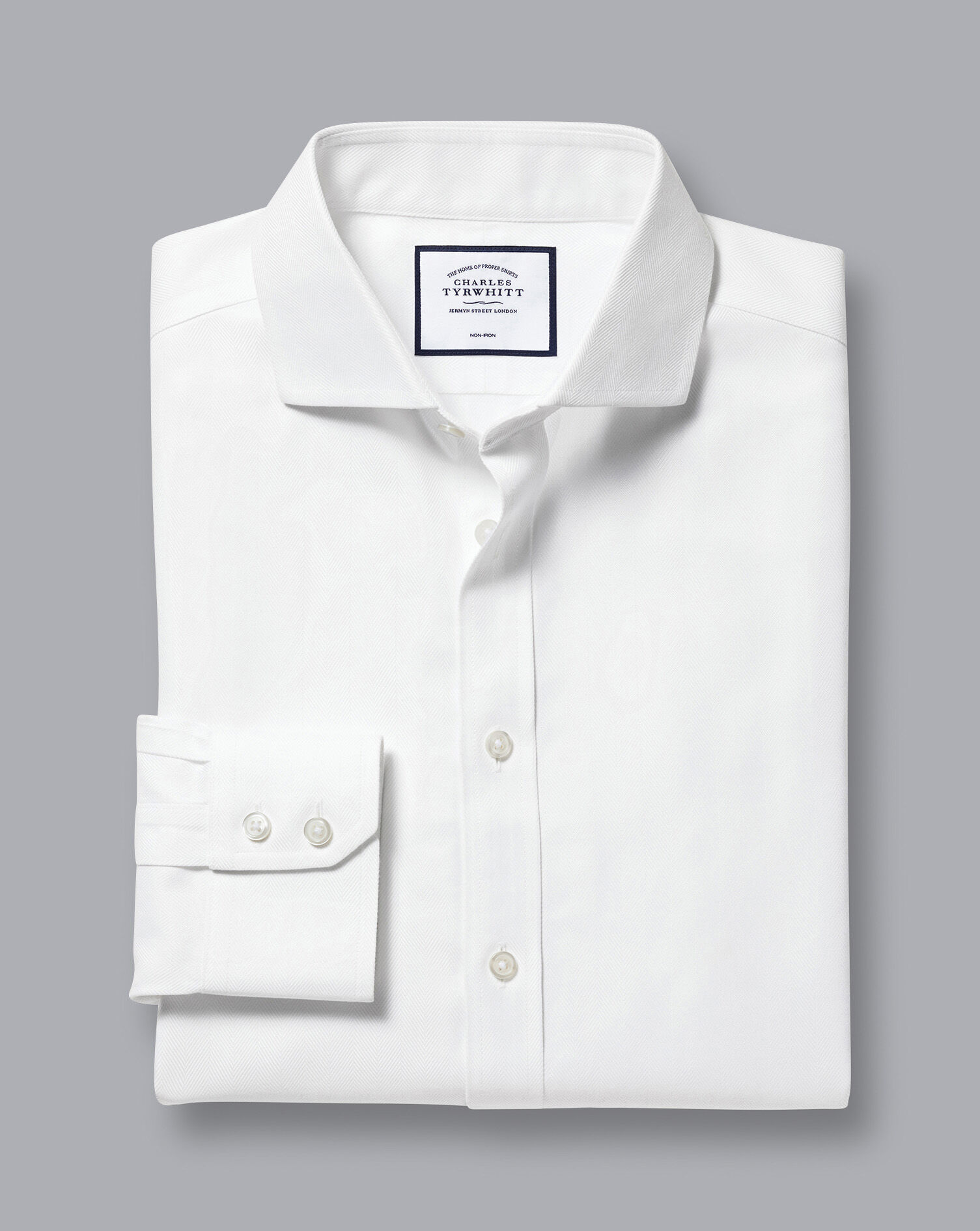 Spread Collar Non-Iron Herringbone Shirt - White