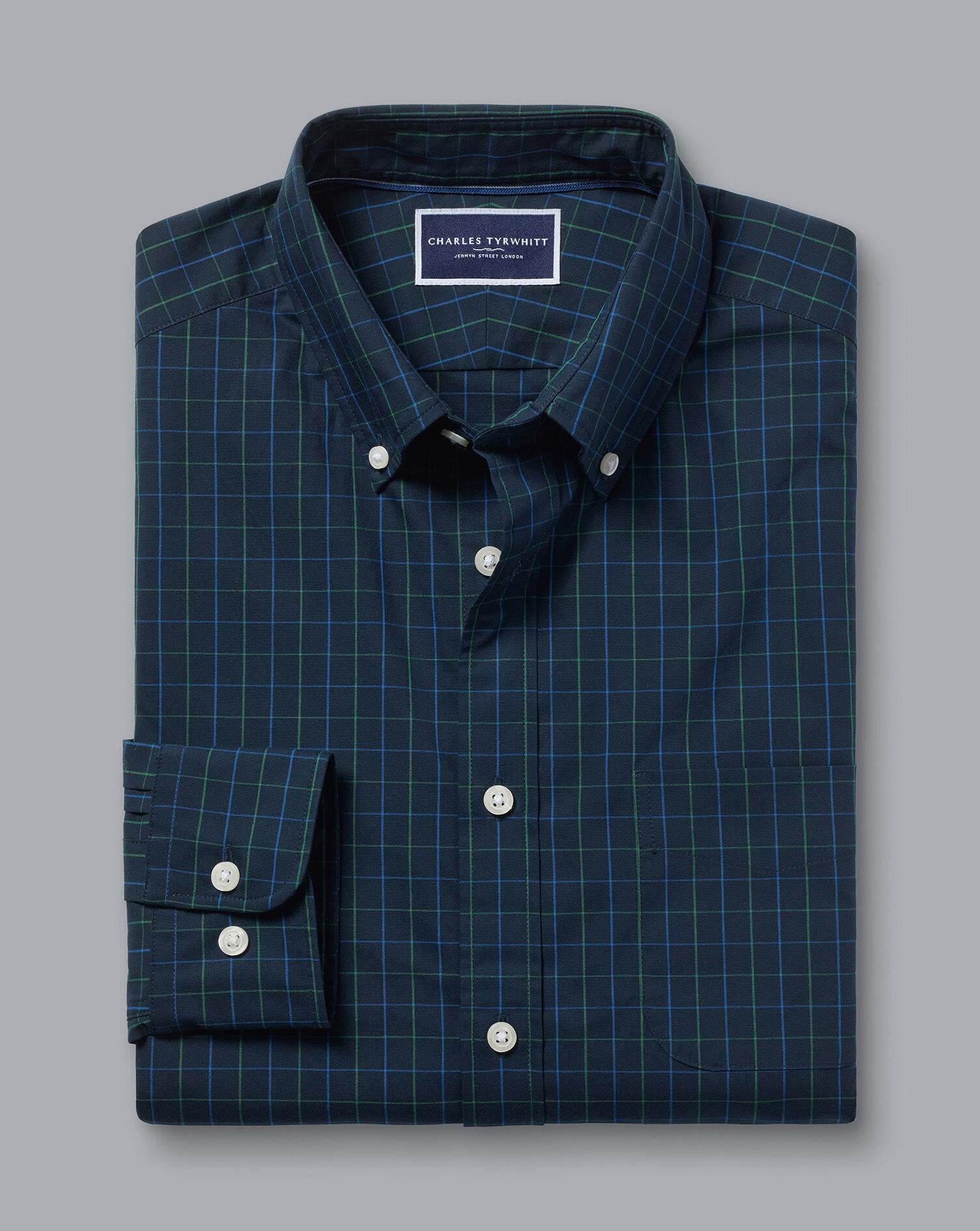 Button-Down Collar Non-Iron Stretch Poplin Check Shirt - Dark Navy