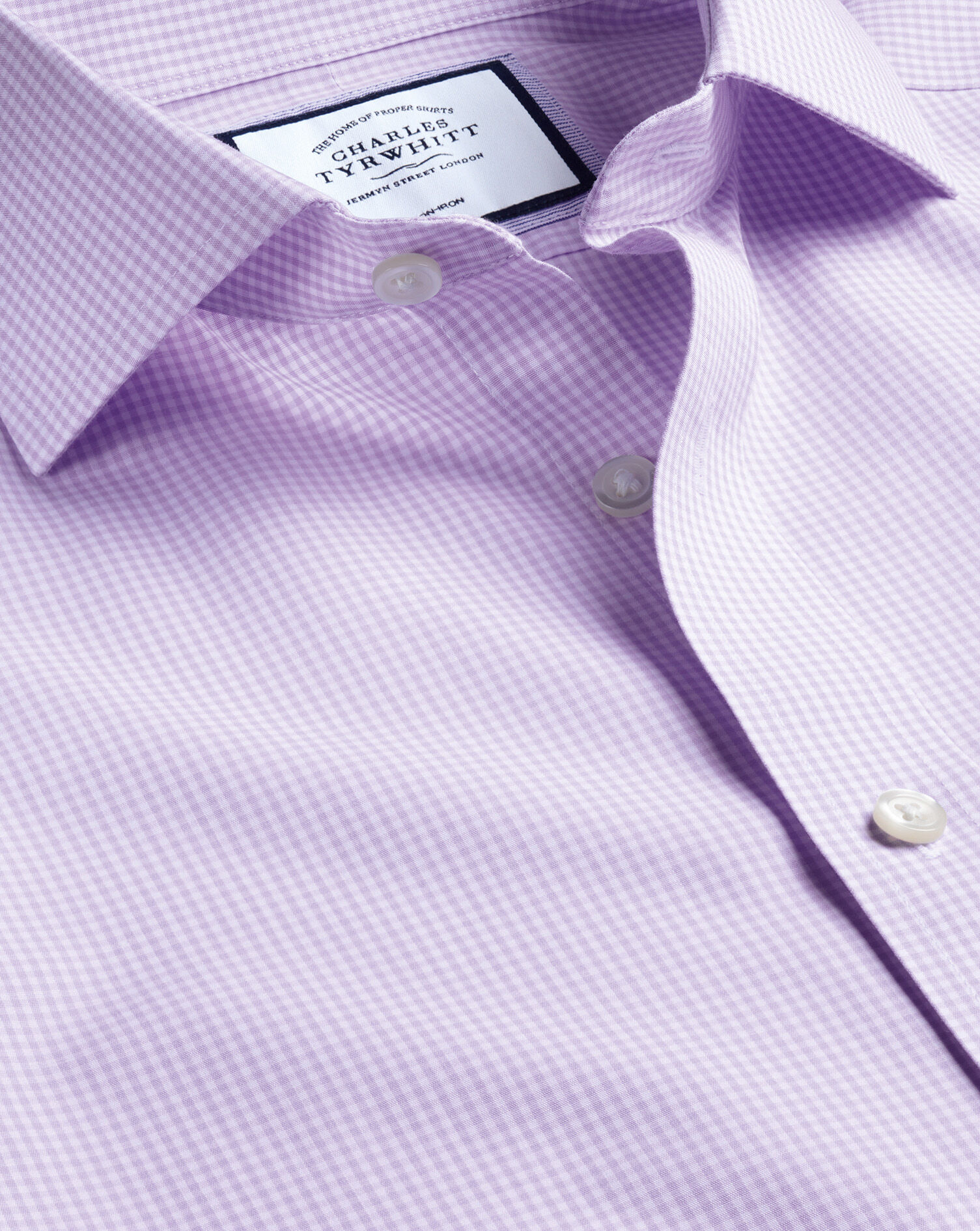 Spread Collar Non-Iron Mini Gingham Check Shirt - Mauve Purple
