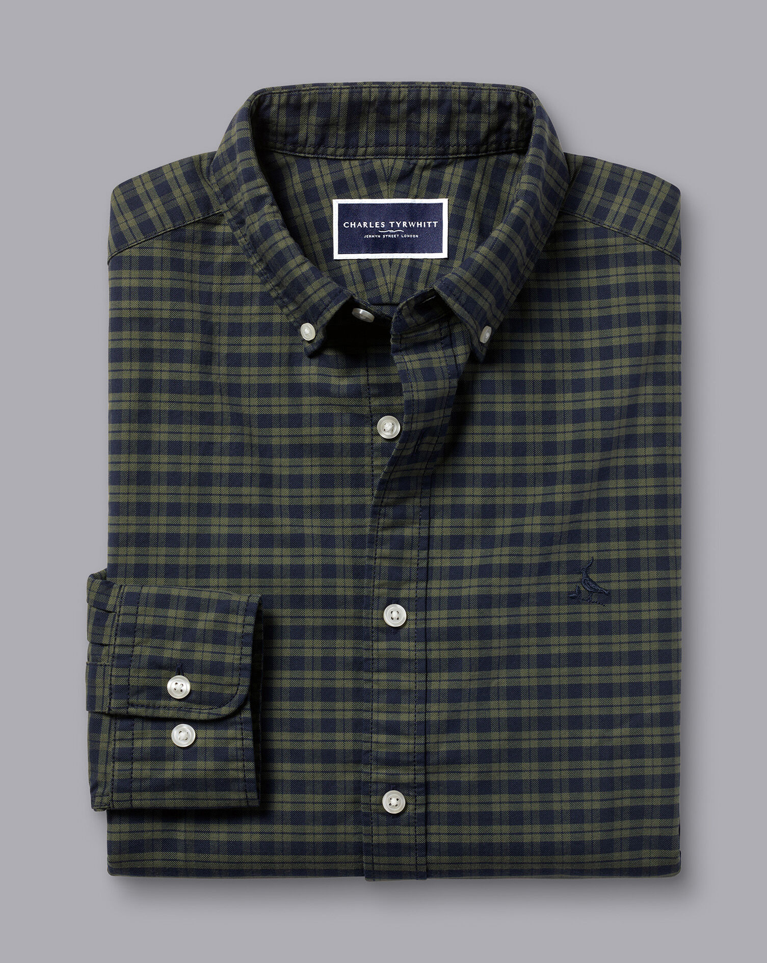 Button-Down Collar Washed Oxford Check Shirt - Olive Green