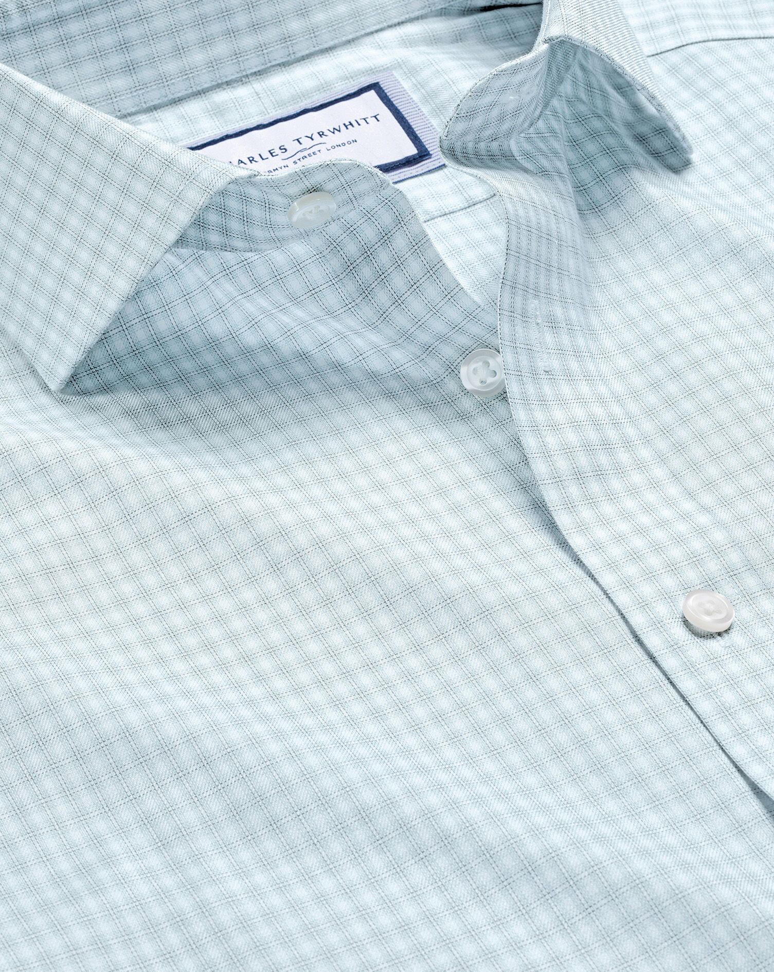 Spread Collar Non-Iron Double Check Shirt - Pale Teal Green