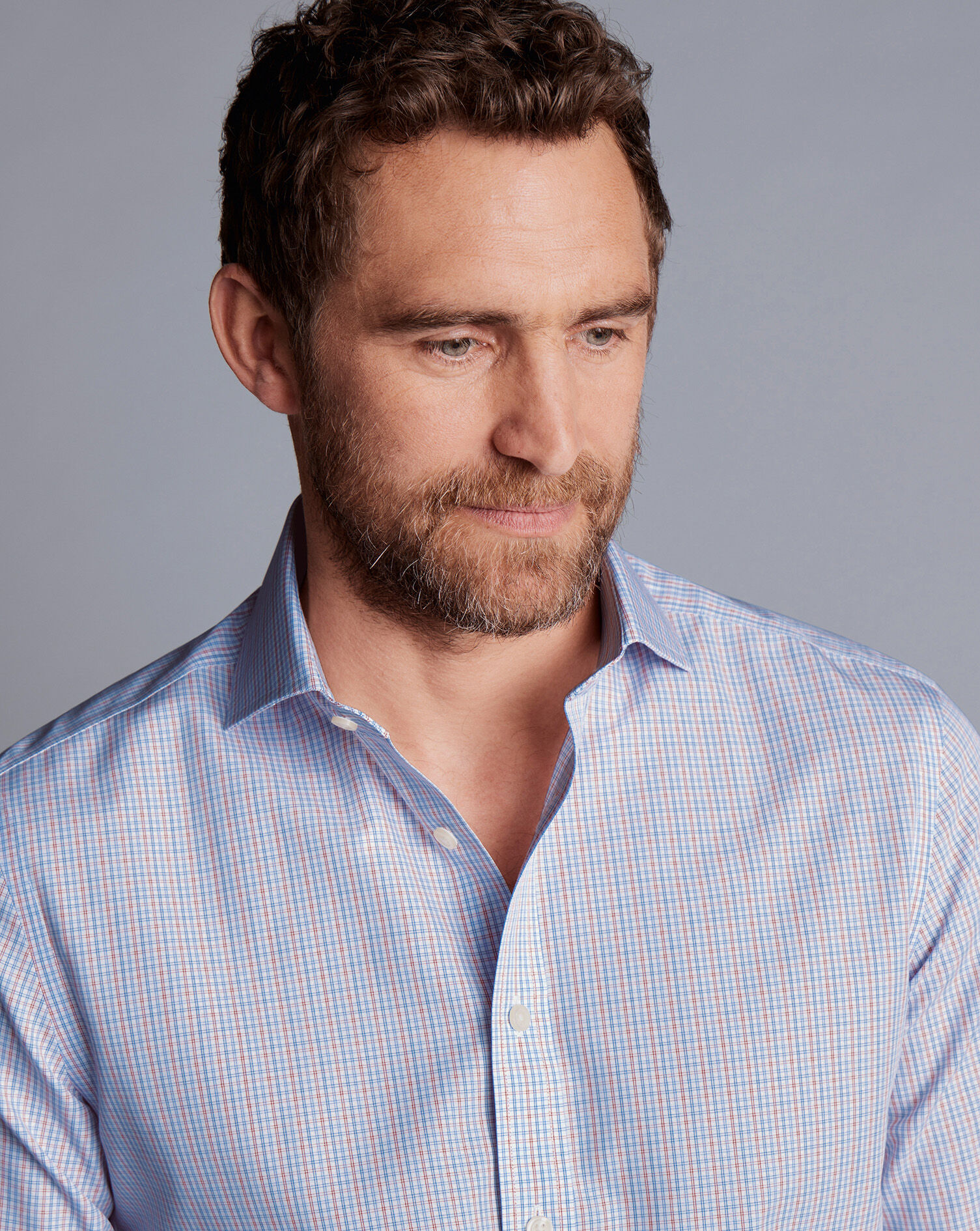 Spread Collar Non-Iron Fine Line Check Shirt - Red