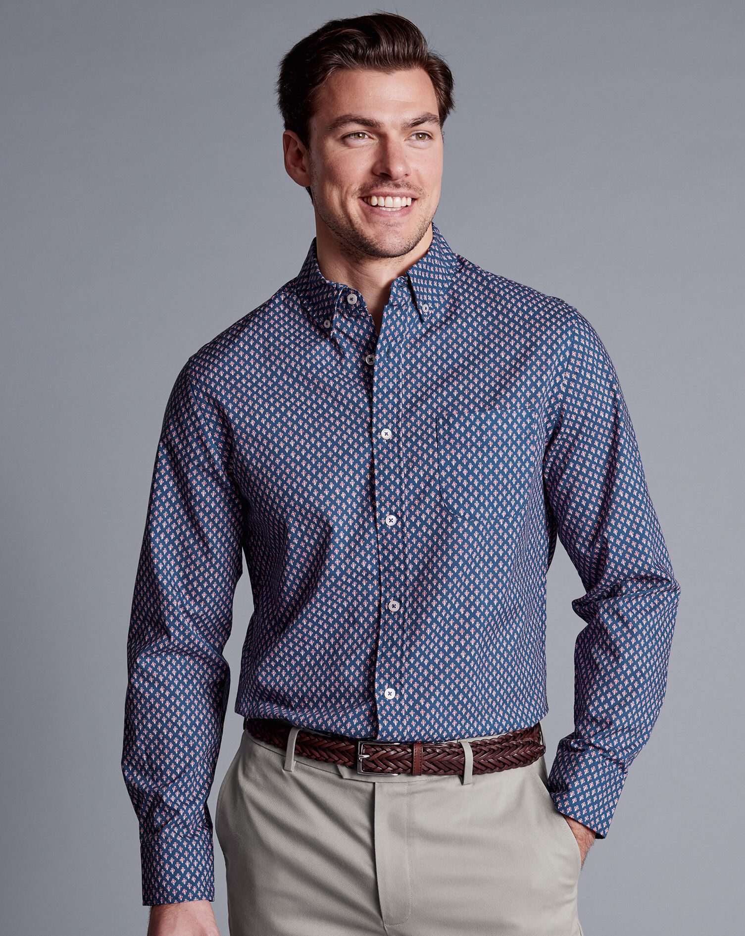 Button-Down Collar Non-Iron Stretch Poplin Leaf Print Shirt  - Royal Blue