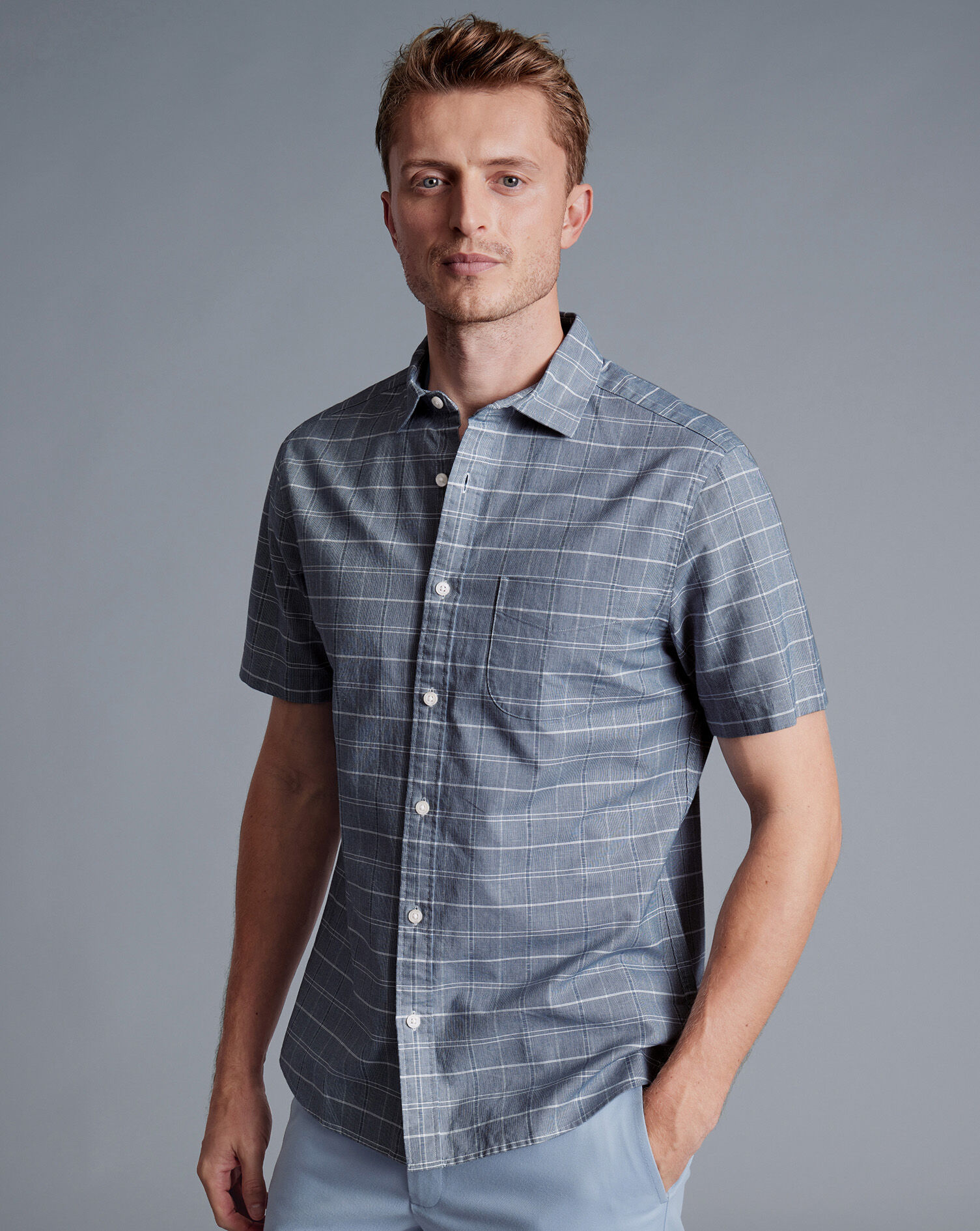 Cotton Linen Check Short Sleeve Shirt - Petrol Blue