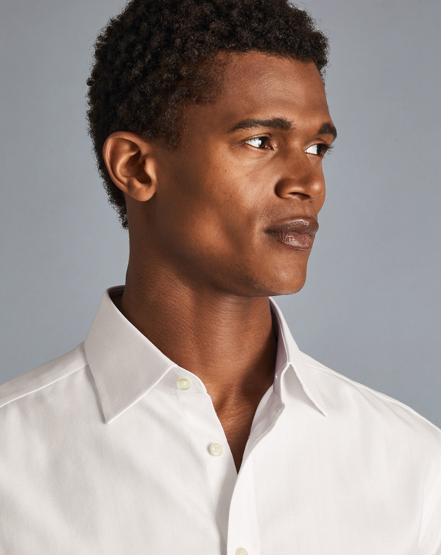 Spread Collar Non-Iron Herringbone Shirt - Ivory White