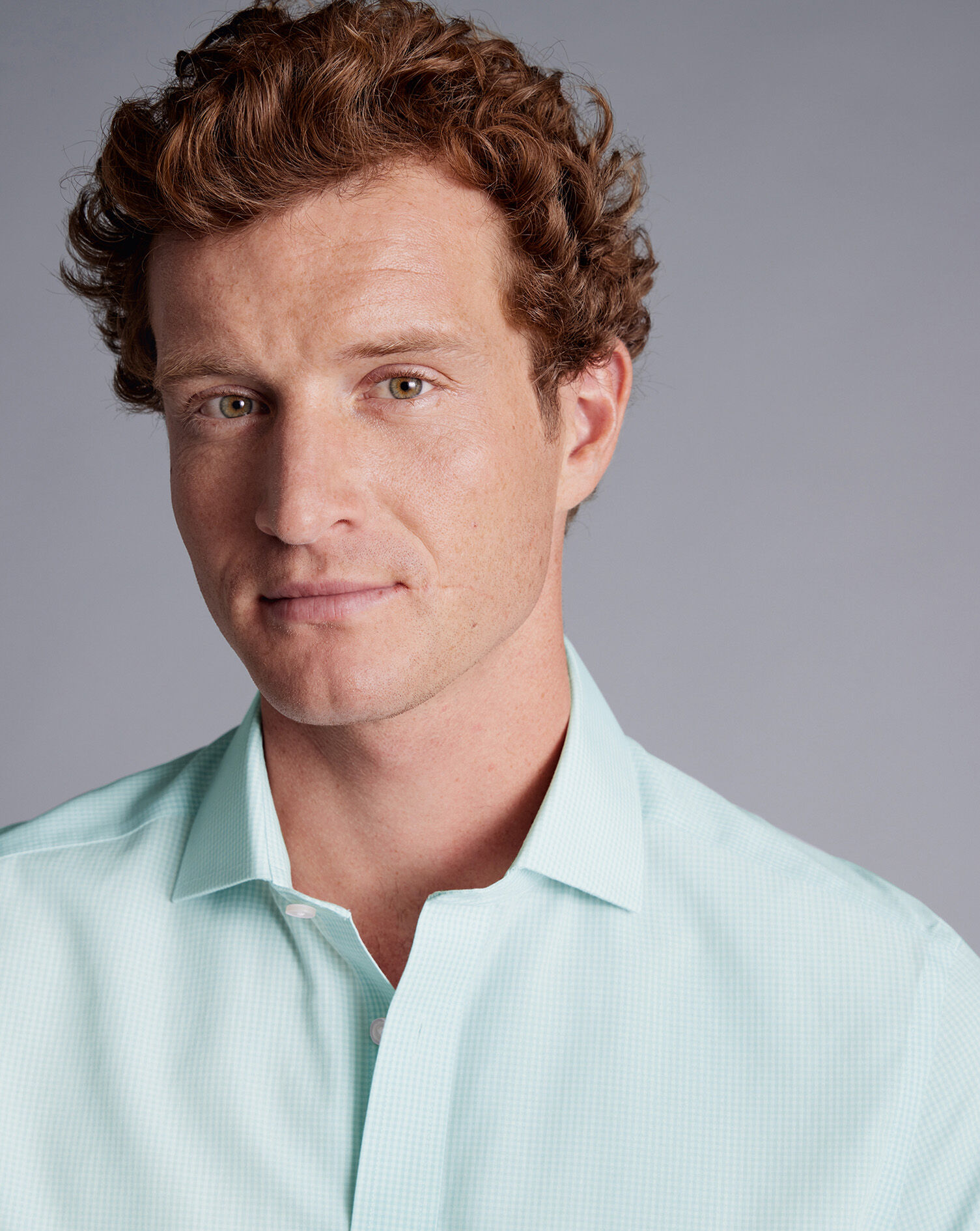 Spread Collar Non-Iron Mini Gingham Check Shirt - Aqua Green