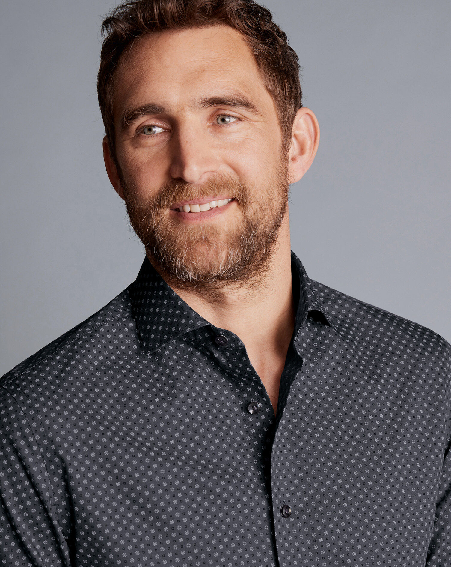 Semi-Spread Collar Medallion Print Non-Iron Shirt - Charcoal Grey