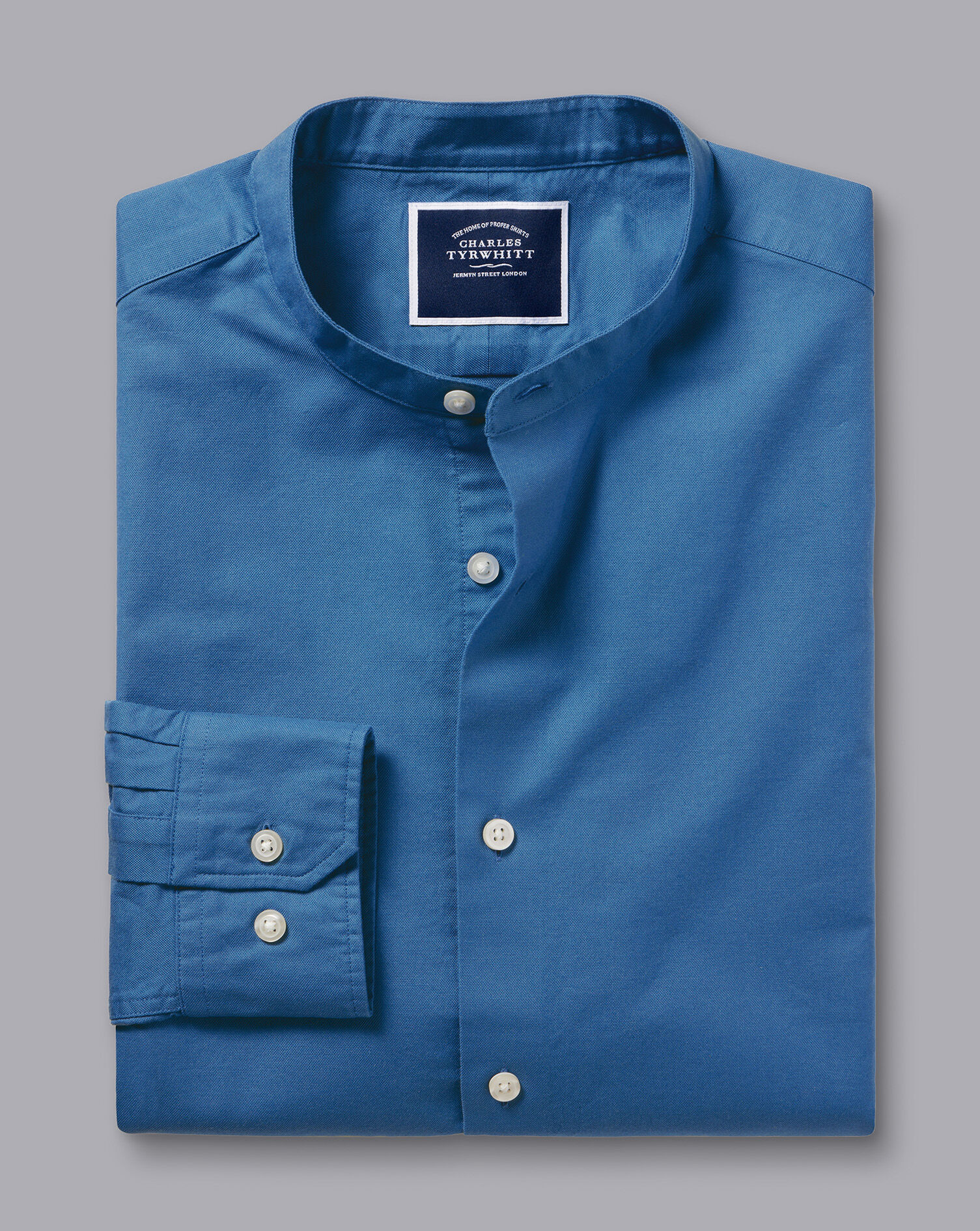 Collarless Washed Oxford Shirt - Ocean Blue
