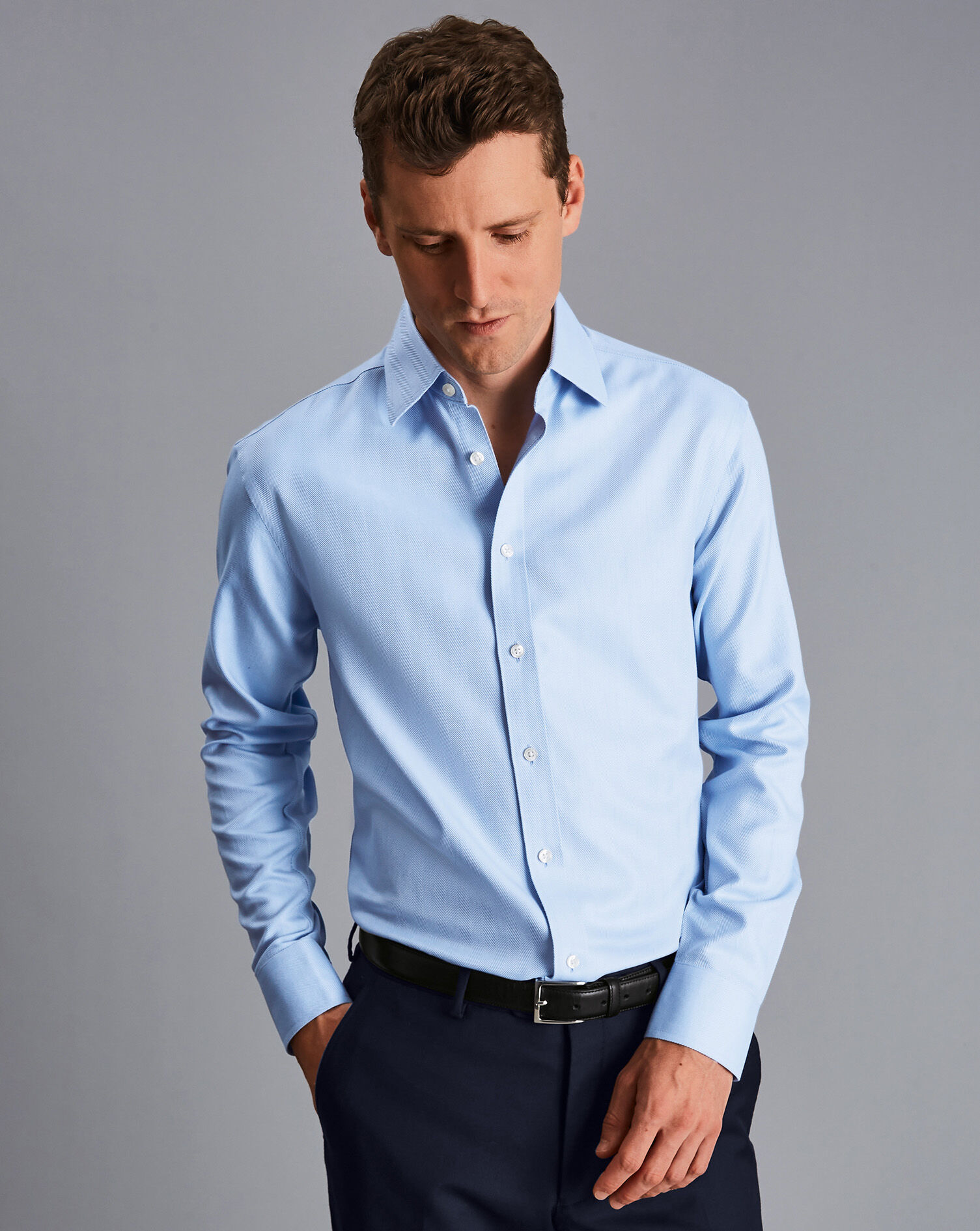 Non-Iron Herringbone Shirt - Sky Blue
