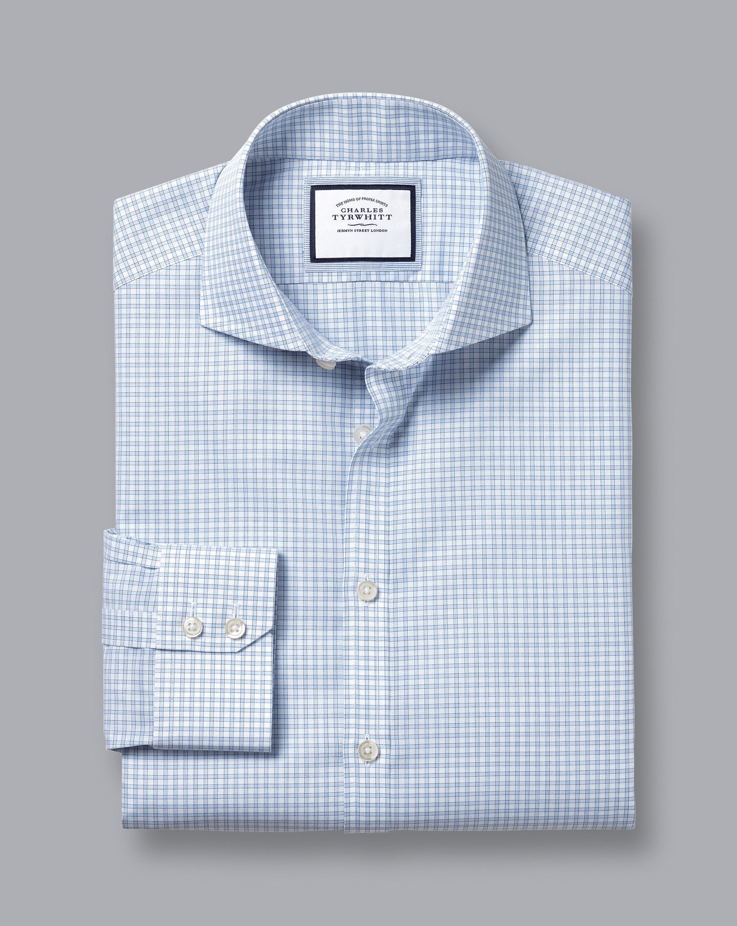 Spread Collar Non-Iron Poplin Fine Check Shirt - Sky Blue