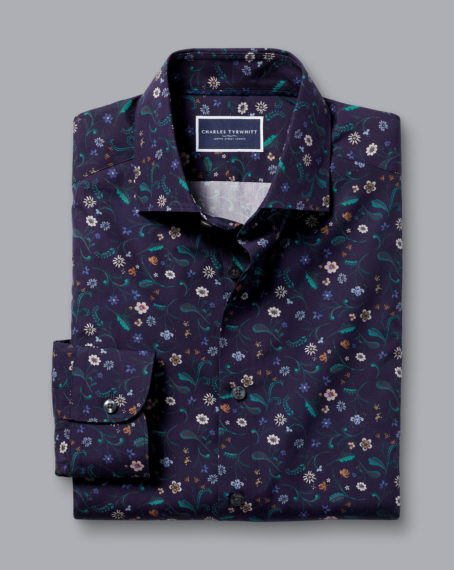 Made With Liberty Fabric Large Floral Print Semi-Spread Collar Shirt - Navy
