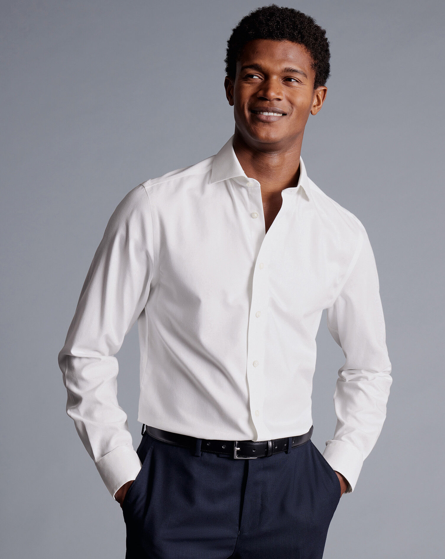 Spread Collar Non-Iron Henley Weave Shirt - White