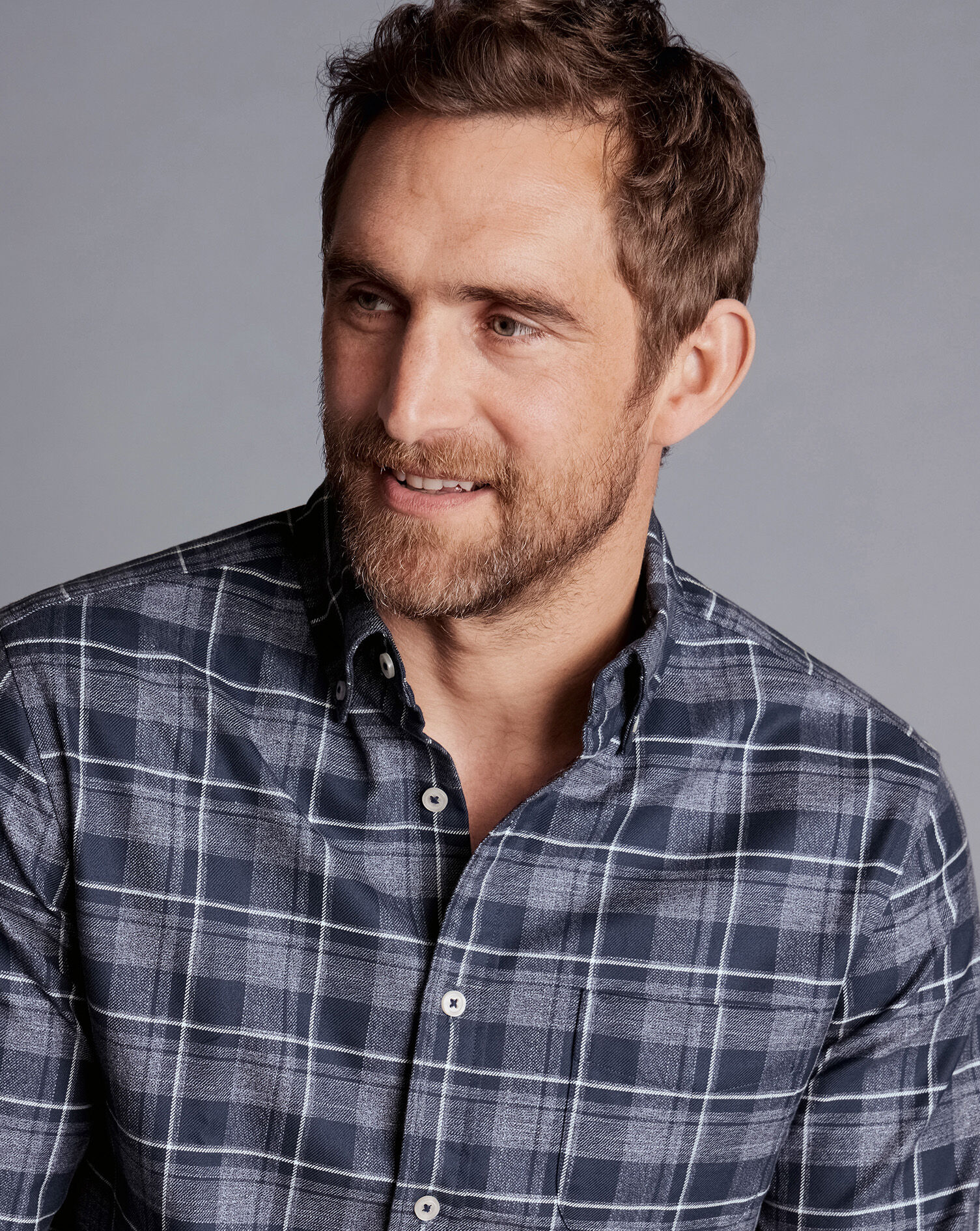 Button-Down Collar Non-Iron Twill Windowpane Shirt - Heather Blue