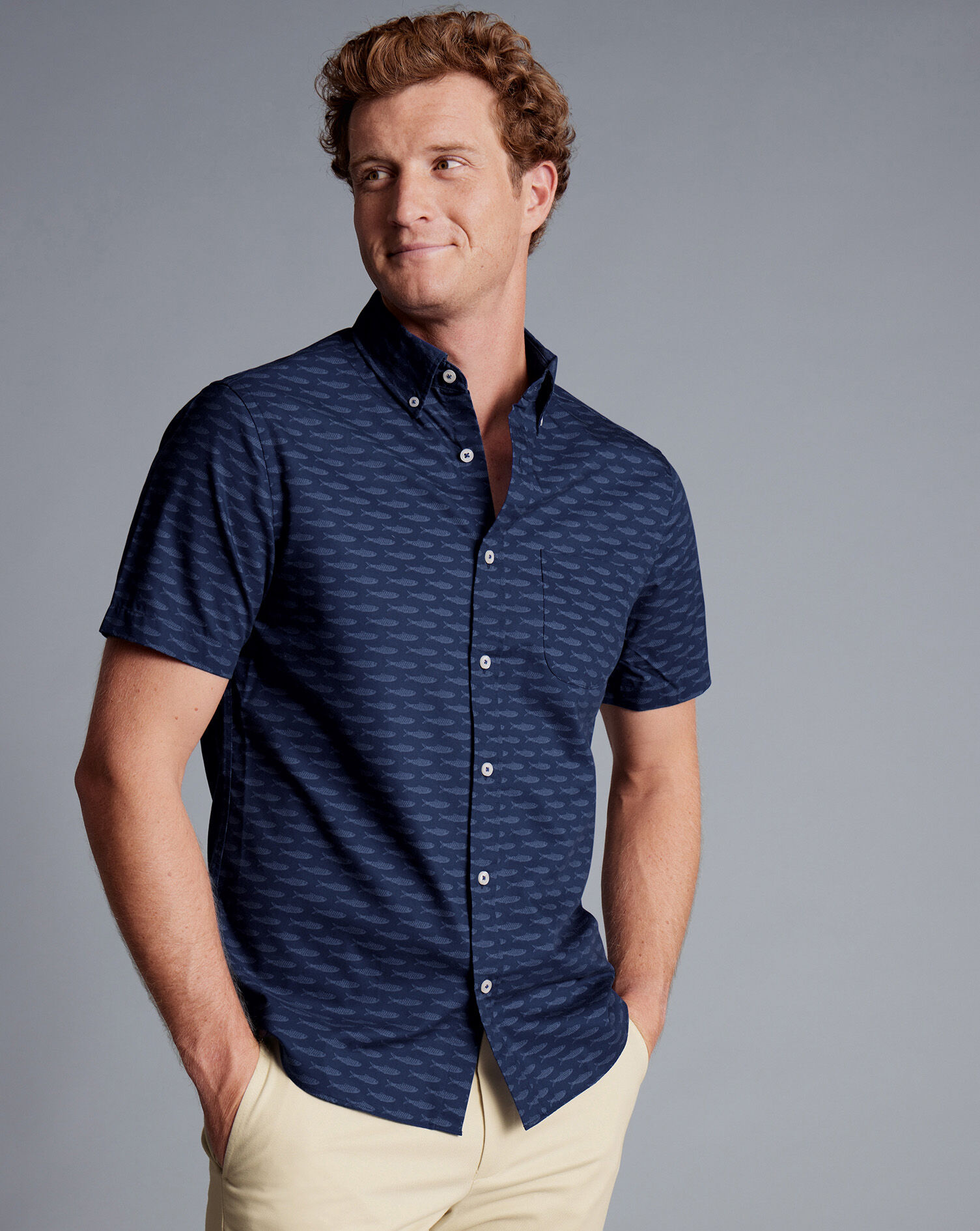 Button-Down Collar Non-Iron Stretch Poplin Fish Print Short Sleeve Shirt - Navy