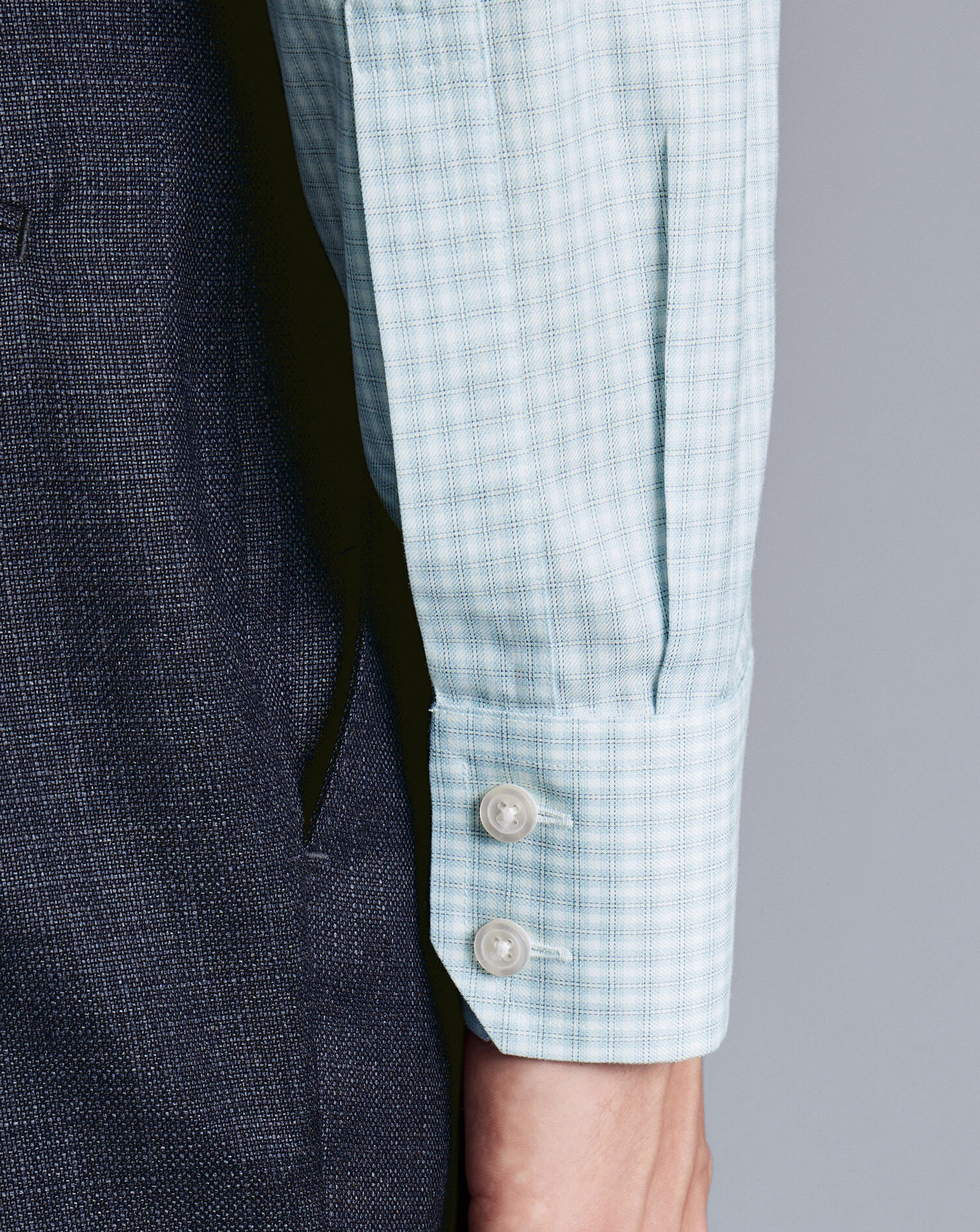 Spread Collar Non-Iron Double Check Shirt - Pale Teal Green