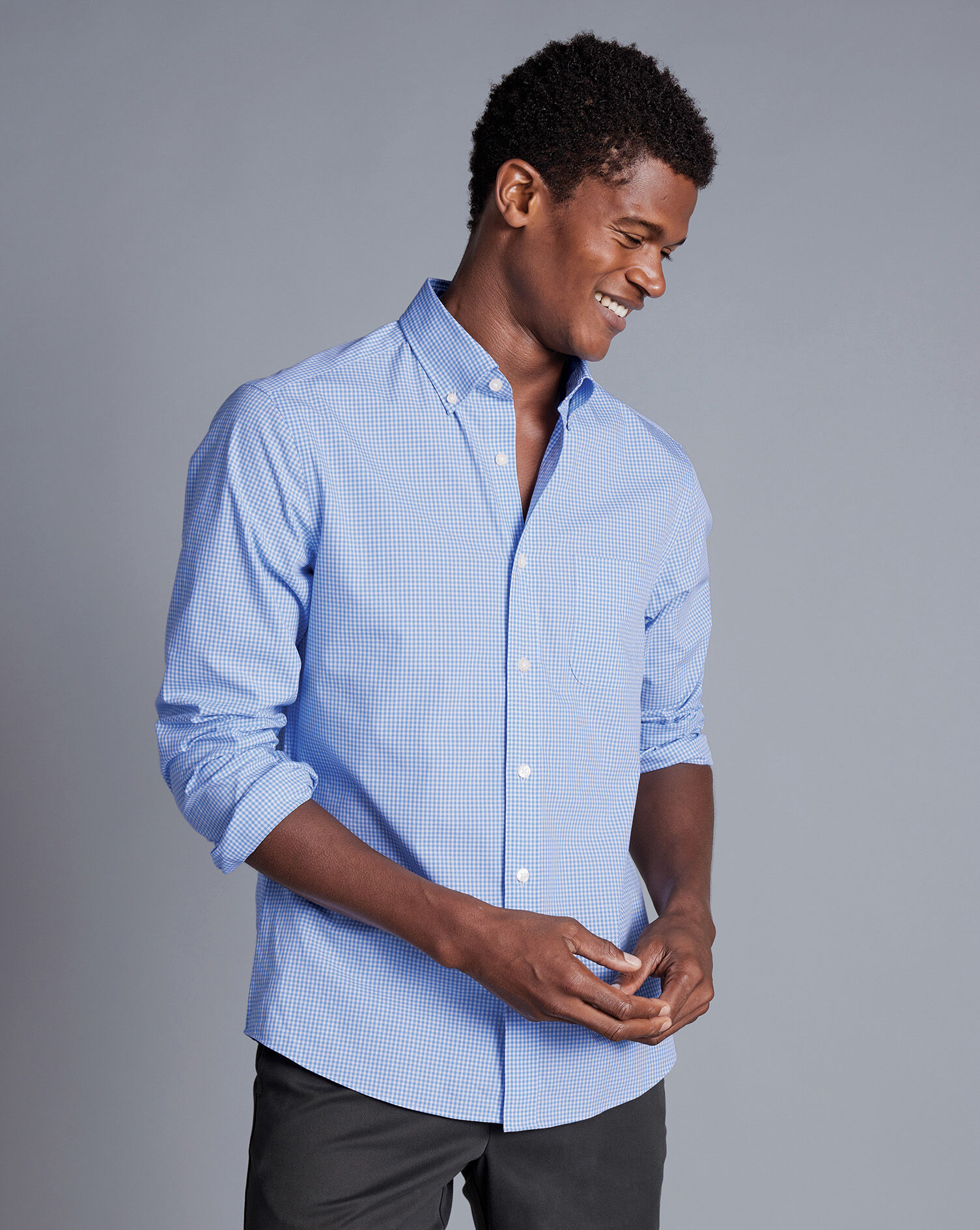 Button-Down Collar Non-Iron Stretch Poplin Mini Gingham Check Shirt - Ocean Blue