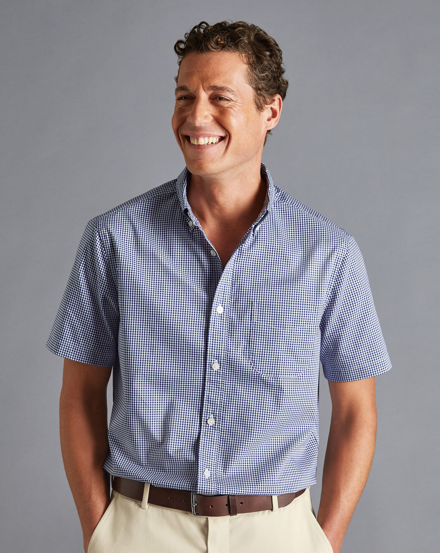 Button-Down Collar Non-Iron Stretch Mini Gingham Short Sleeve Shirt - French Blue