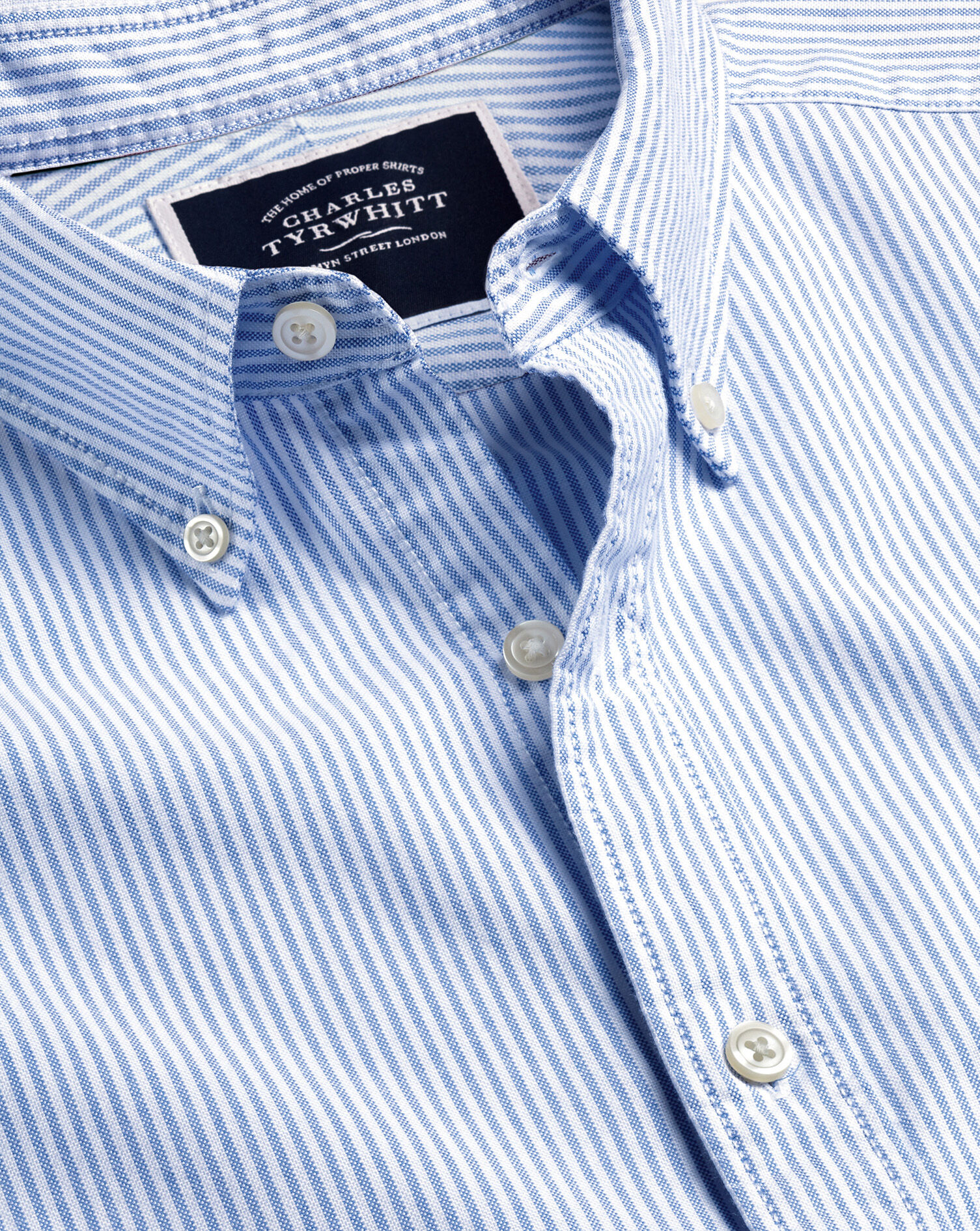 Button-Down Collar Washed Oxford Stripe Shirt - Ocean Blue