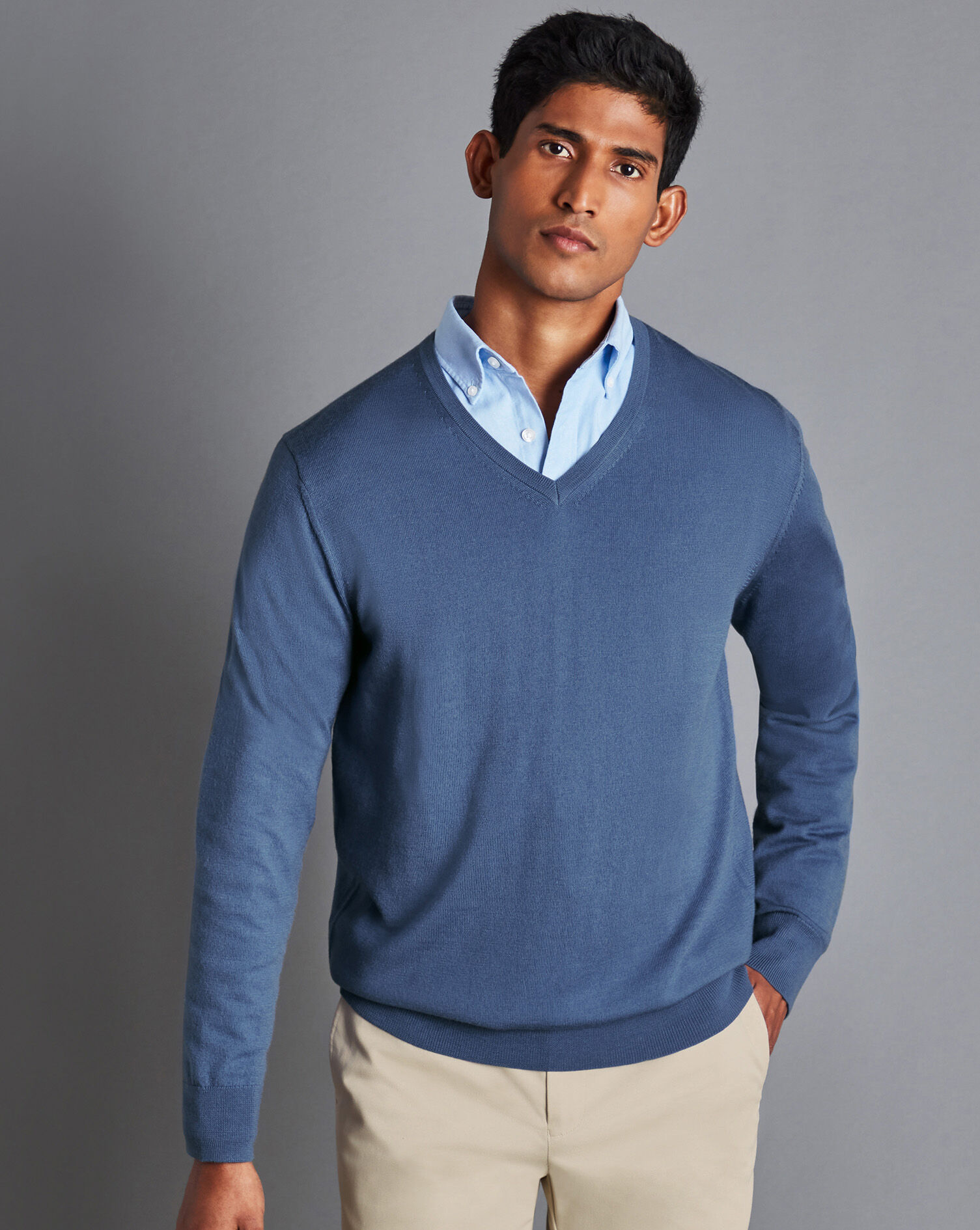 Merino V-Neck Sweater - Steel Blue