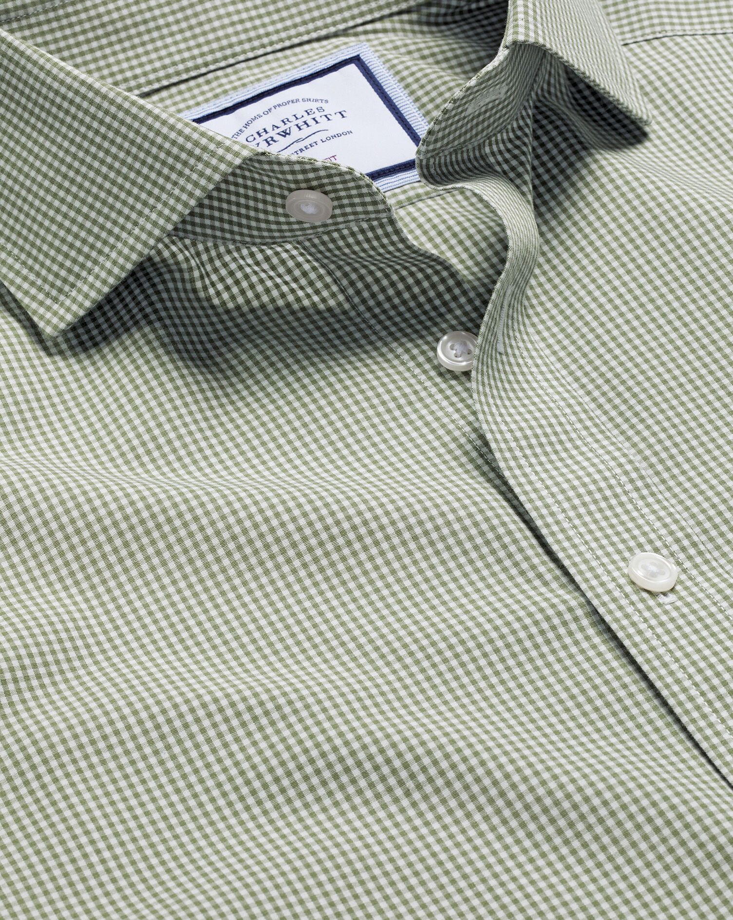 Spread Collar Non-Iron Mini Gingham Check Shirt - Olive Green