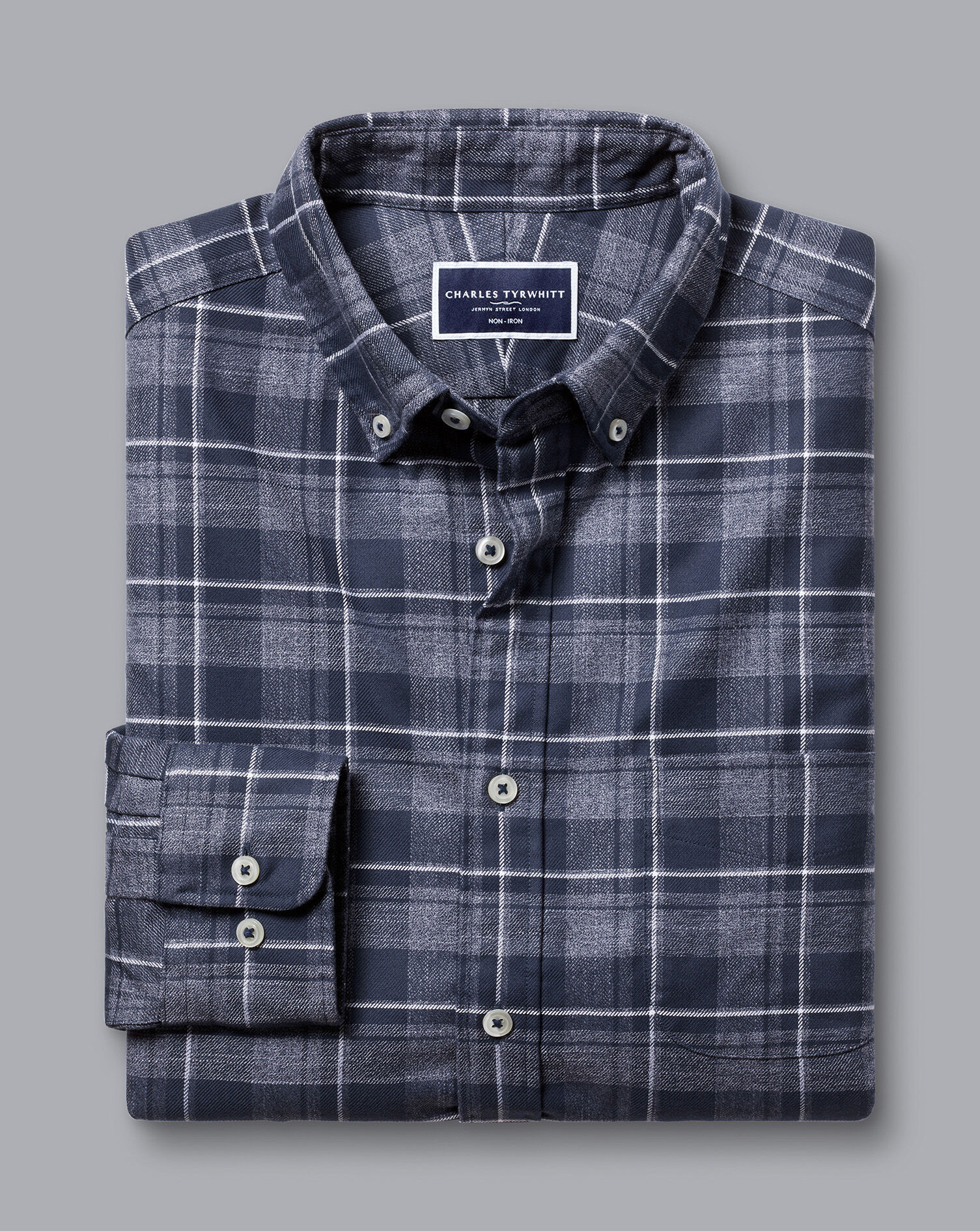 Button-Down Collar Non-Iron Twill Windowpane Shirt - Heather Blue