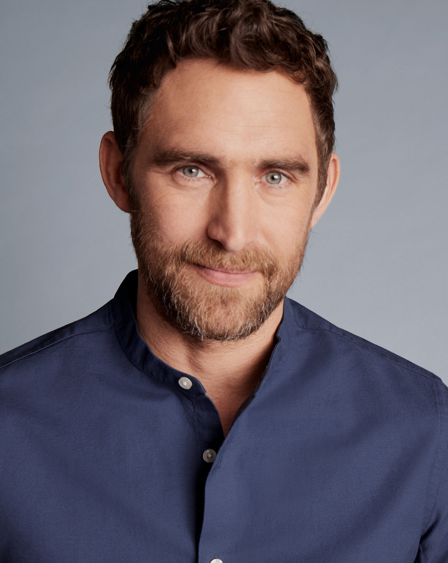 Collarless Washed Oxford Stretch Shirt - Heather Blue