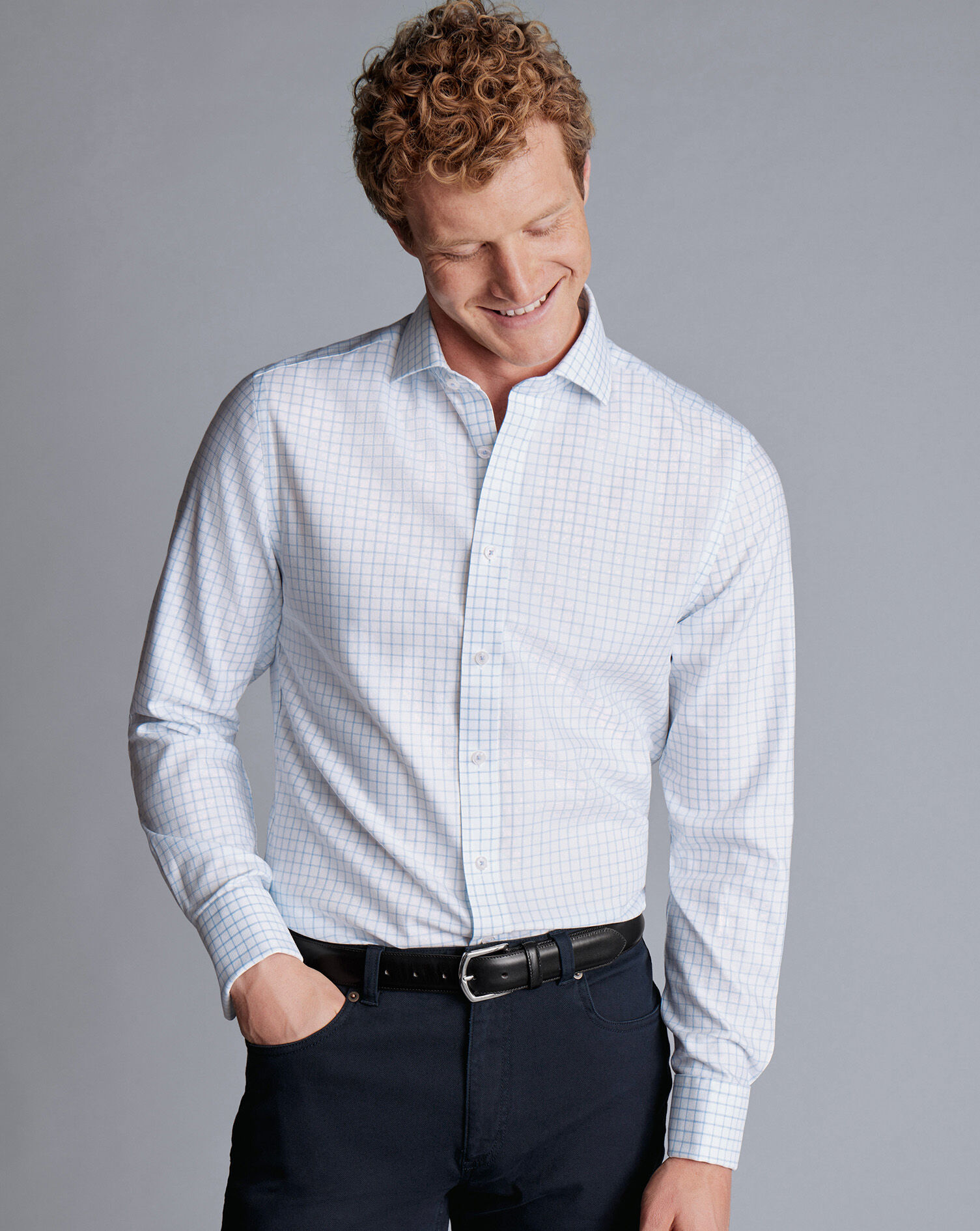 Spread Collar Non-Iron Clifton Weave Check Shirt - Cornflower Blue