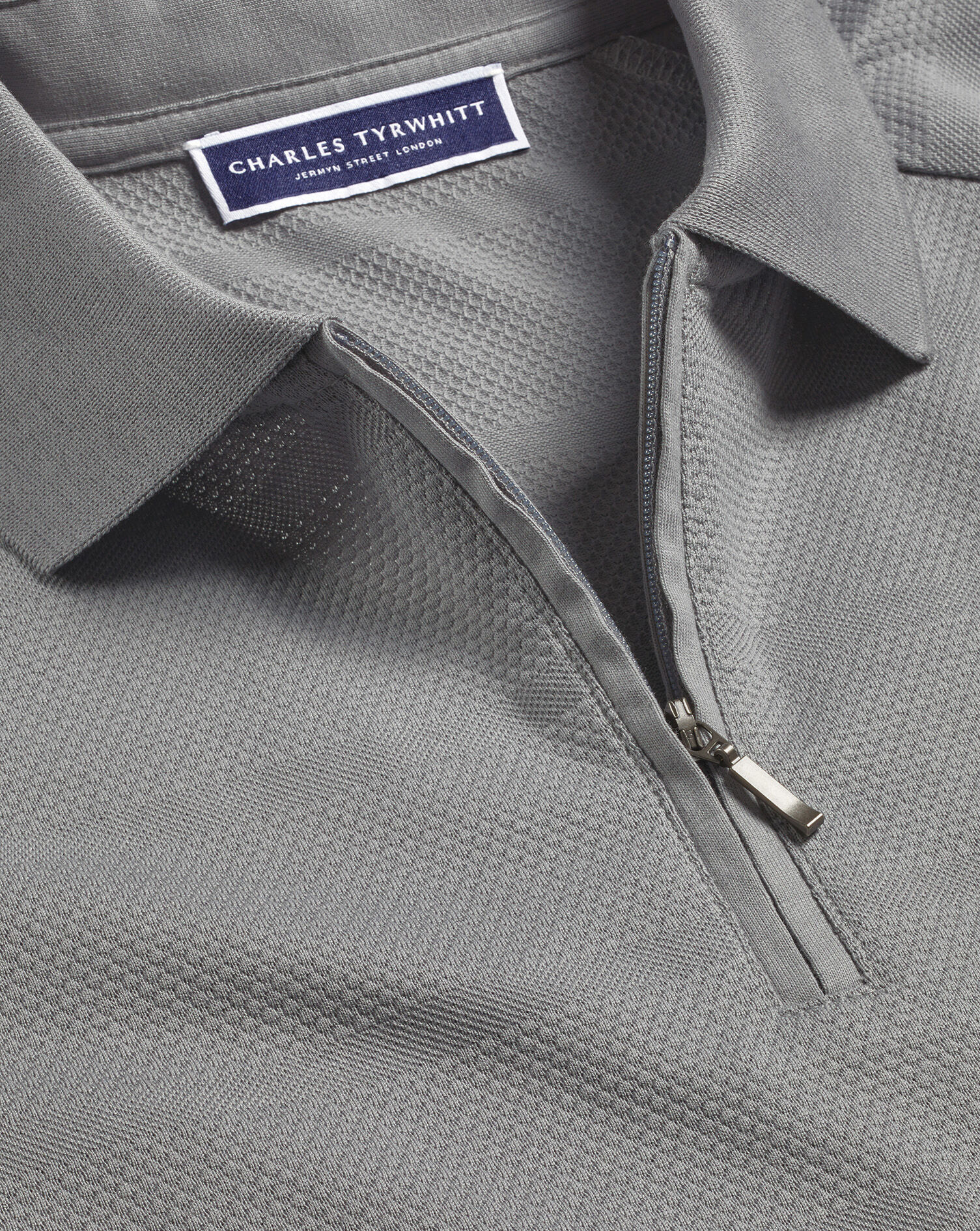 Popcorn Textured Tyrwhitt Cool Zip-Neck Polo - Silver Grey