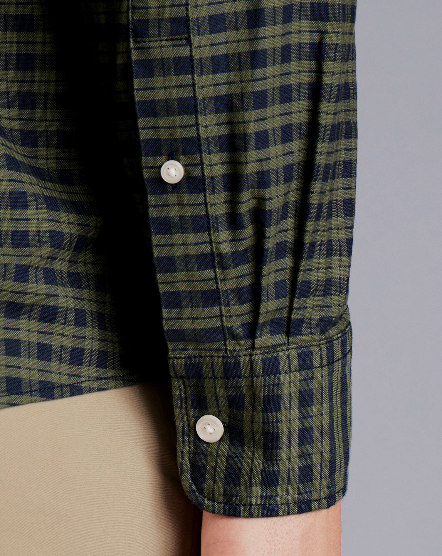 Button-Down Collar Washed Oxford Check Shirt - Olive Green