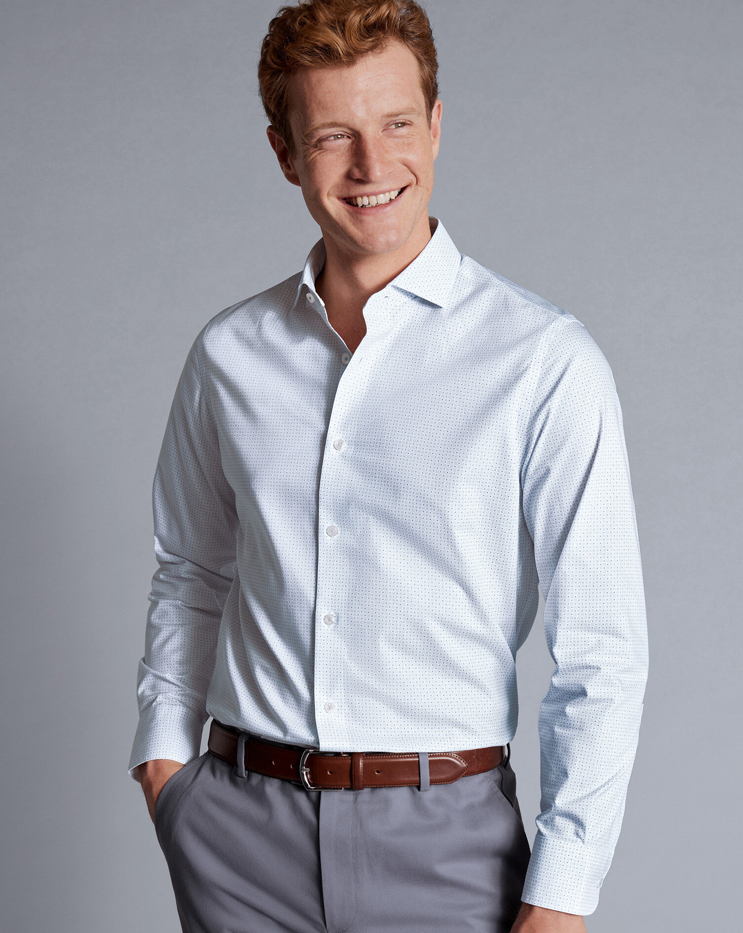 Semi-Spread Collar Petal Print Non-Iron Shirt - Light Blue