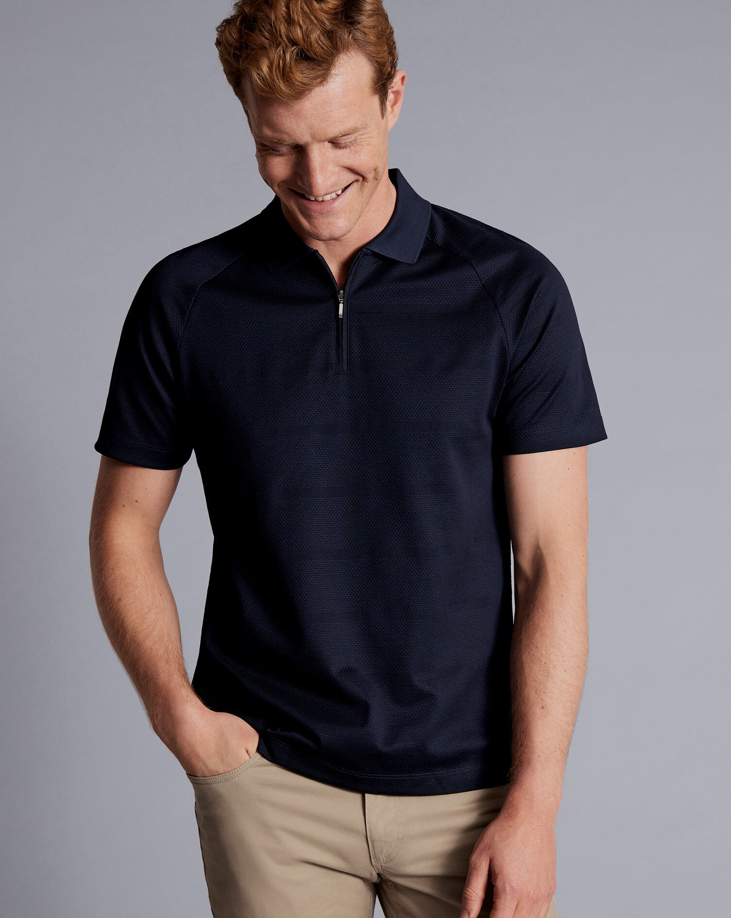 Popcorn Textured Tyrwhitt Cool Zip-Neck Polo - Navy