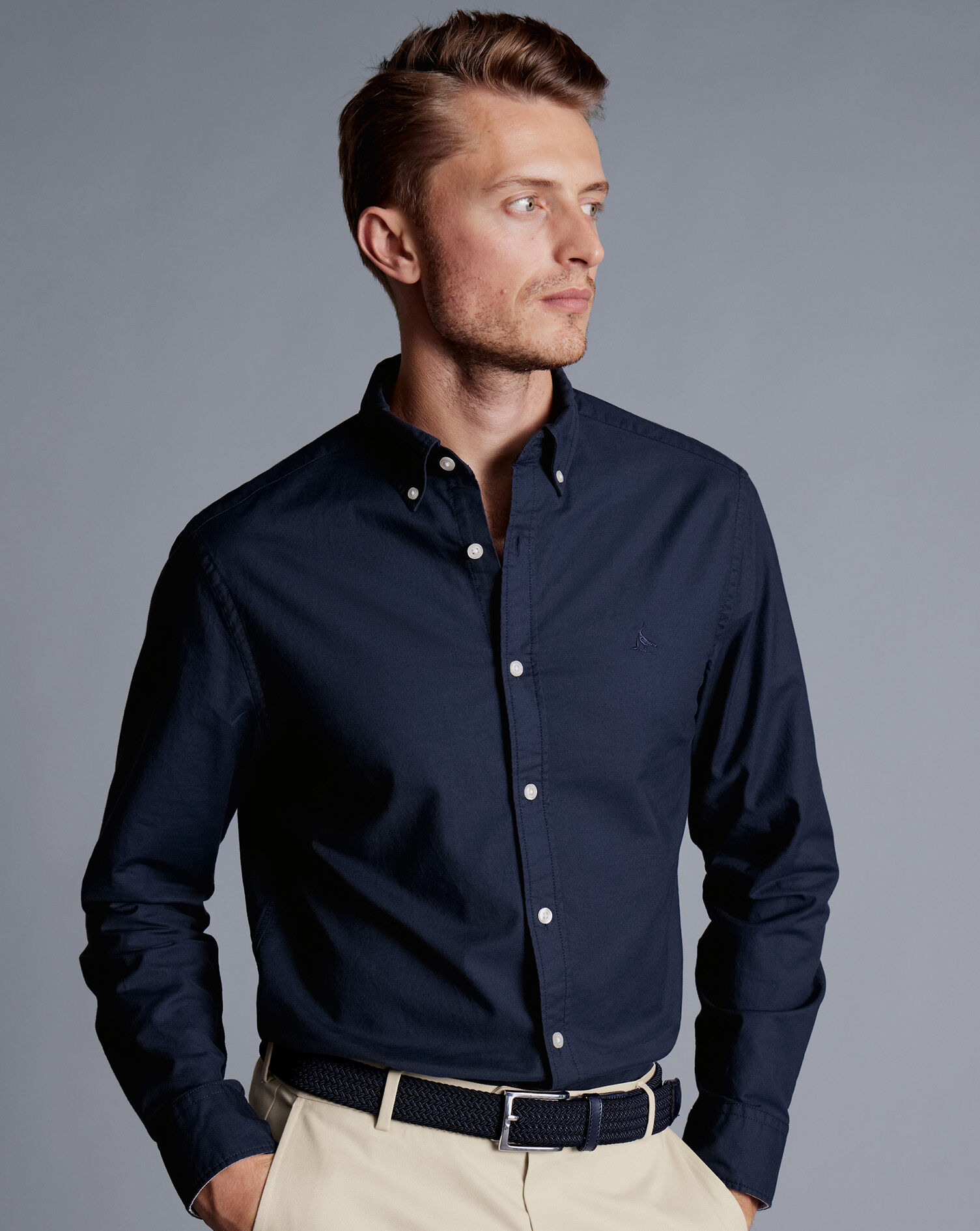 Button-Down Collar Washed Oxford Shirt - Navy Blue