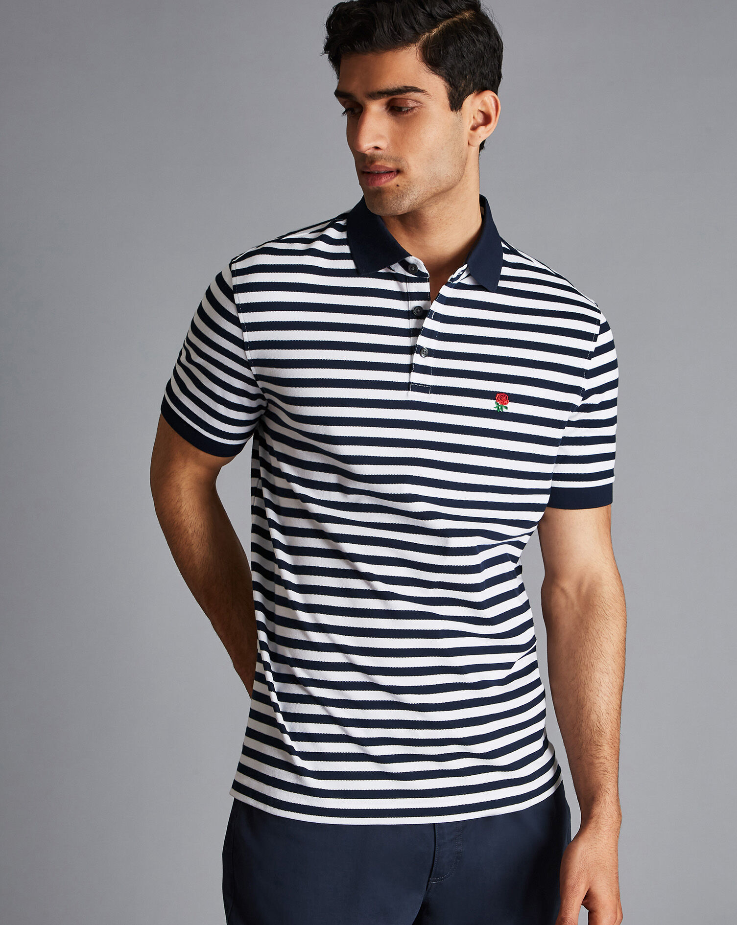 England Rugby Stripe Pique Polo - Navy & White