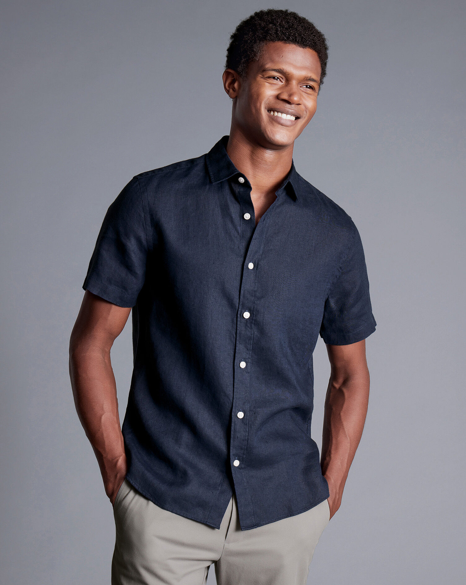 Pure Linen Short Sleeve Shirt  - Navy