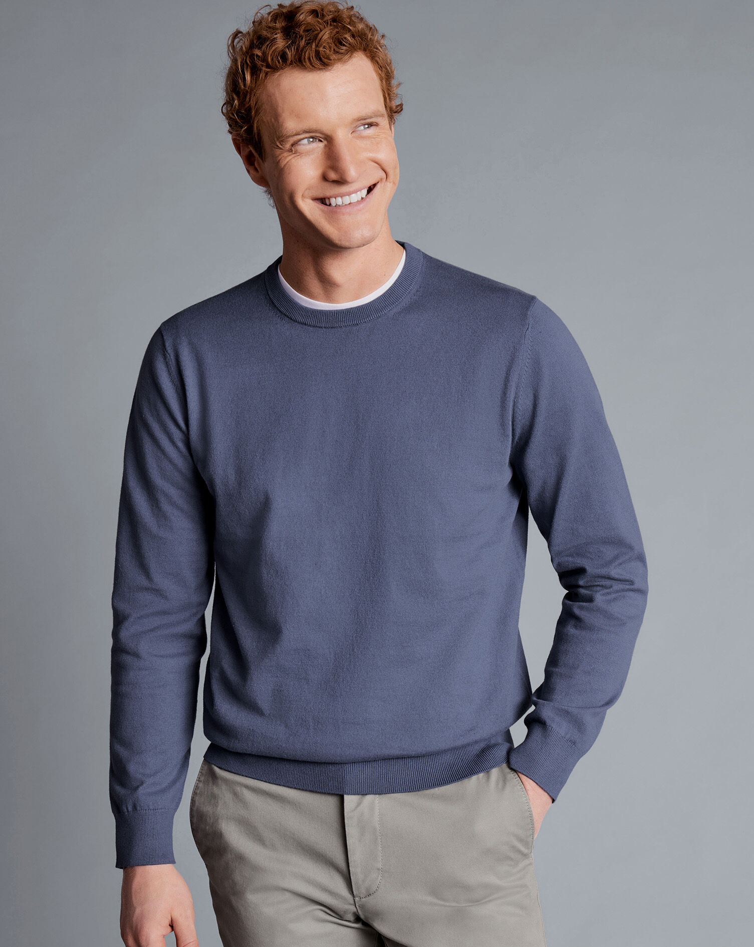 Combed Cotton Crew Neck Sweater - Dark Heather Blue