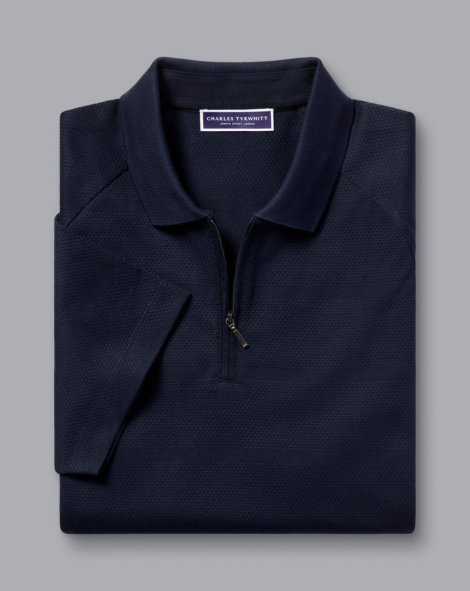 Popcorn Textured Tyrwhitt Cool Zip-Neck Polo - Navy