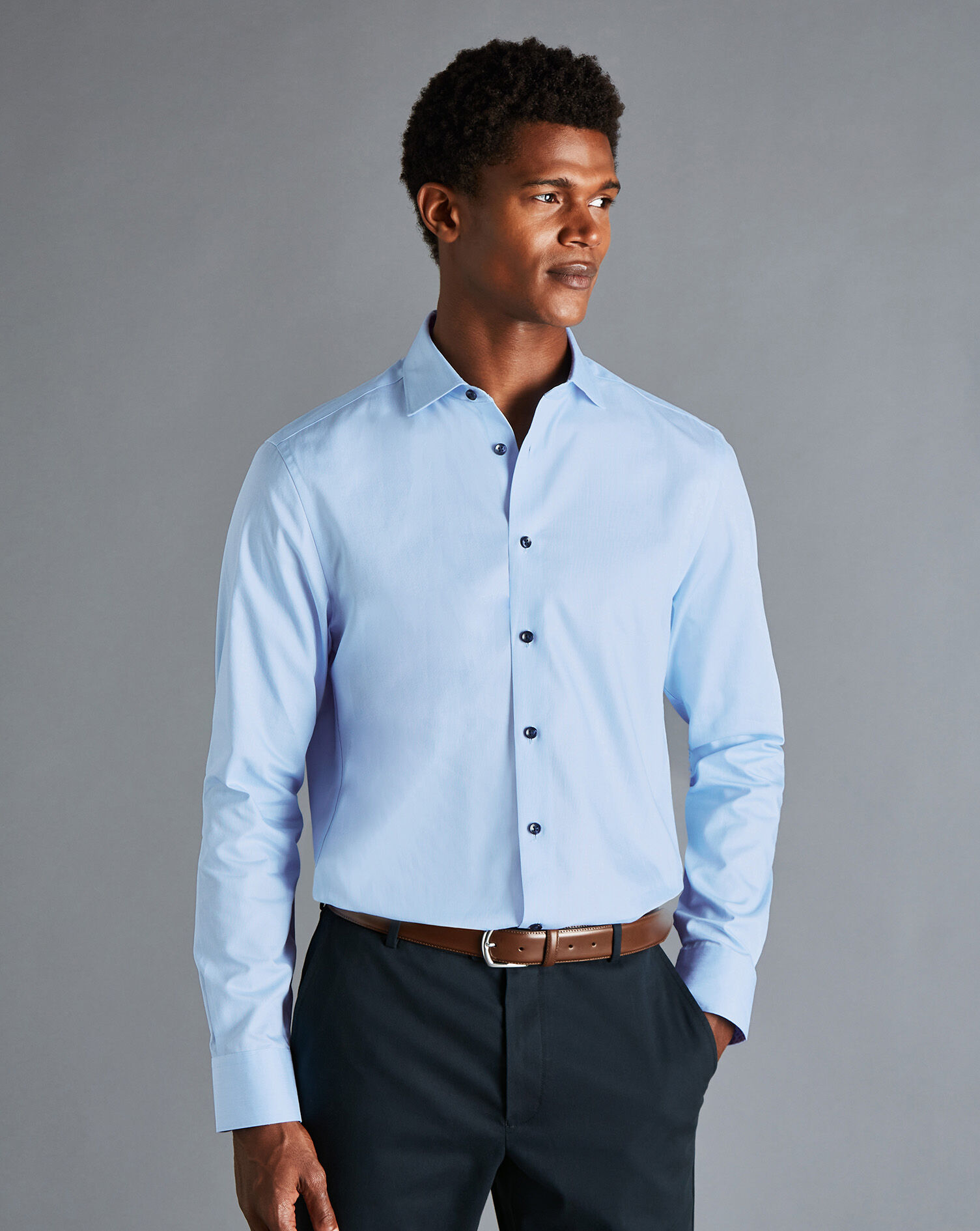 Semi-Spread Collar Twill Printed Trim Shirt - Sky Blue