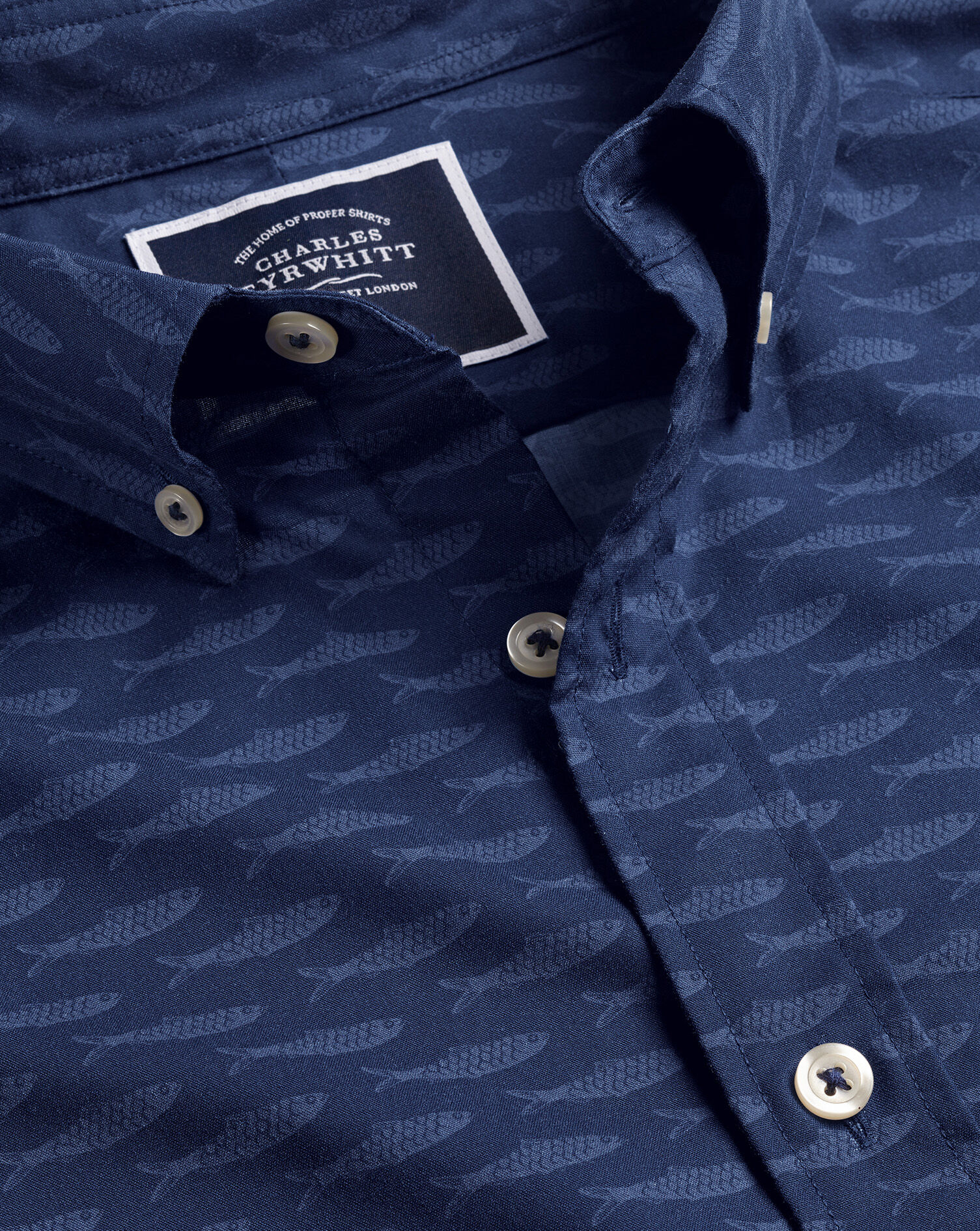 Button-Down Collar Non-Iron Stretch Poplin Fish Print Short Sleeve Shirt - Navy