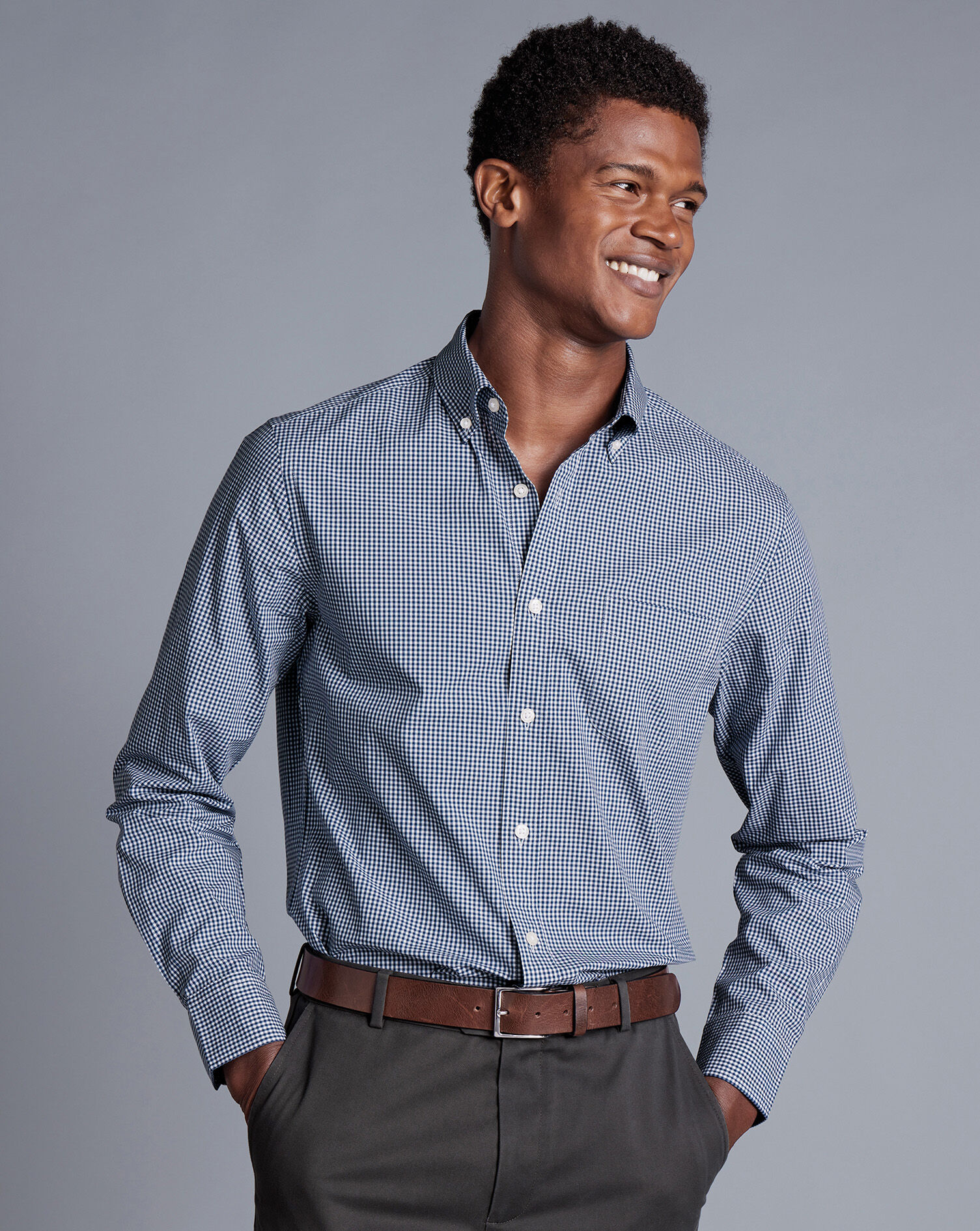 Button-Down Collar Non-Iron Stretch Poplin Mini Gingham Check Shirt - French Blue