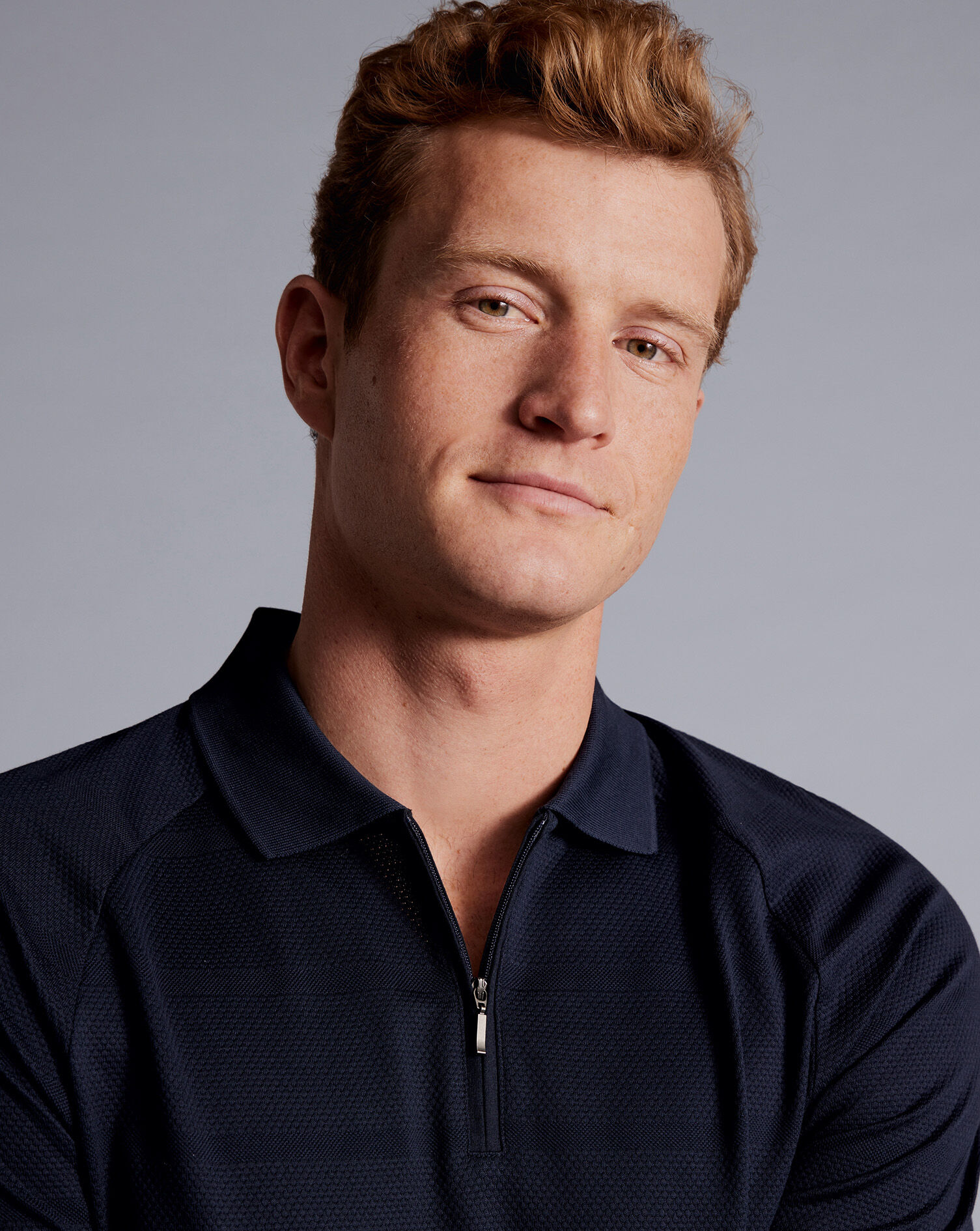 Popcorn Textured Tyrwhitt Cool Zip-Neck Polo - Navy