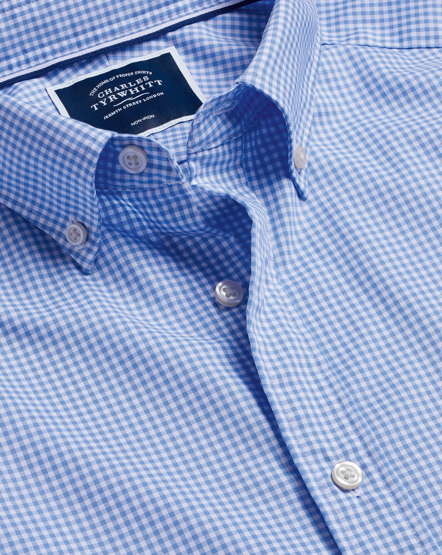 Button-Down Collar Non-Iron Stretch Mini Gingham Short Sleeve Shirt - Ocean Blue