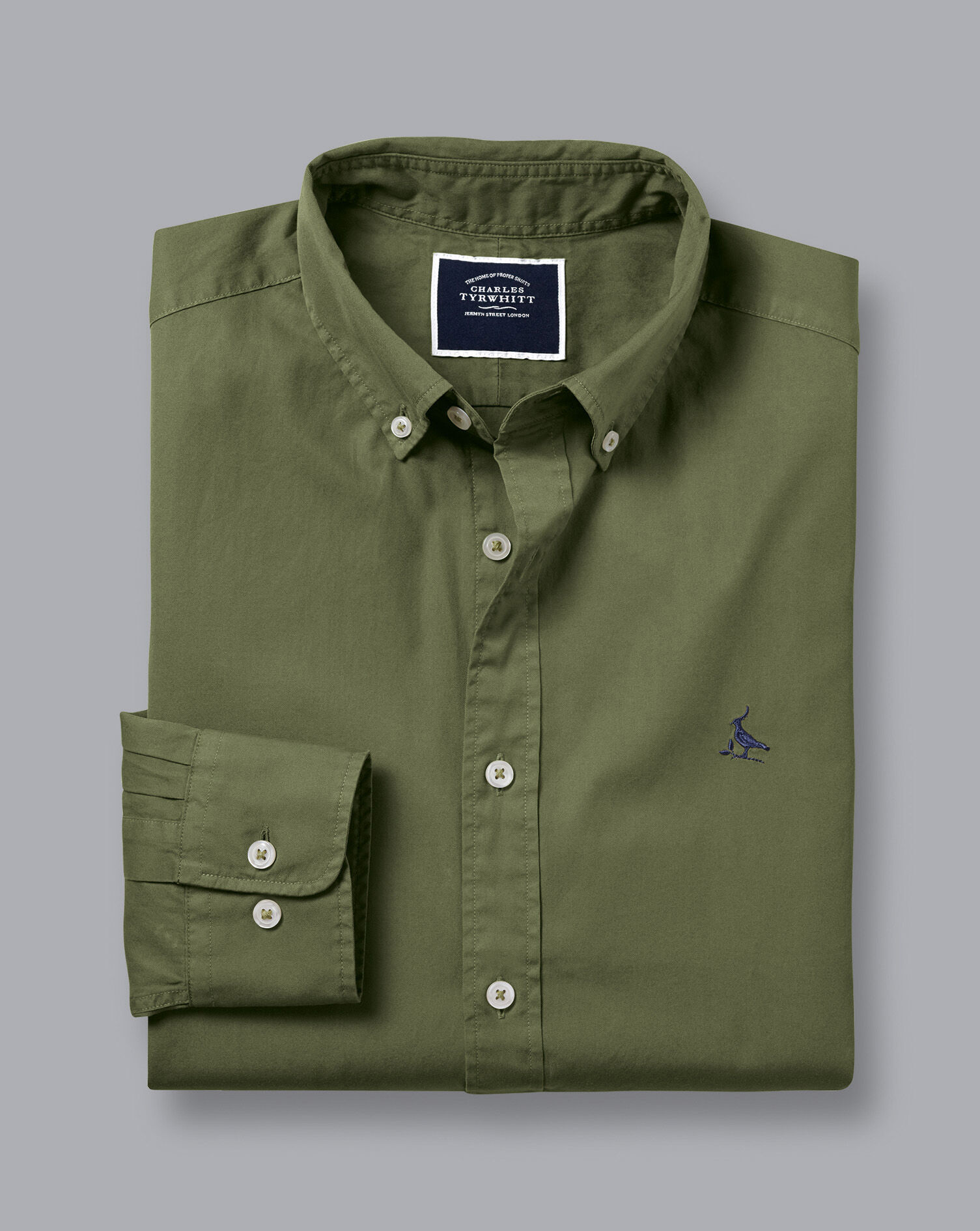 Button-Down Collar Washed Fine Twill Shirt - Olive Green