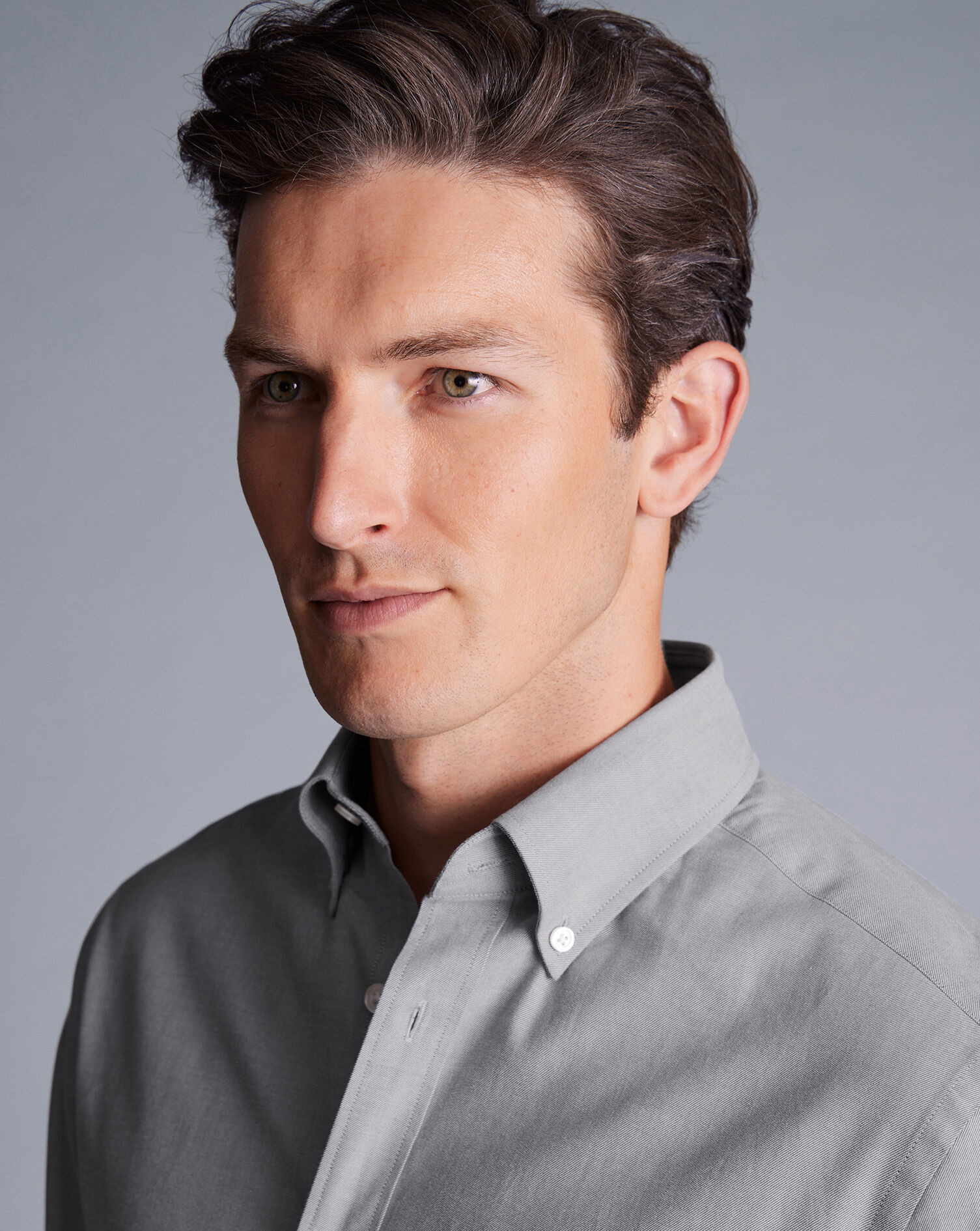 Button-Down Collar Brushed Cotton Twill Shirt - Light Grey