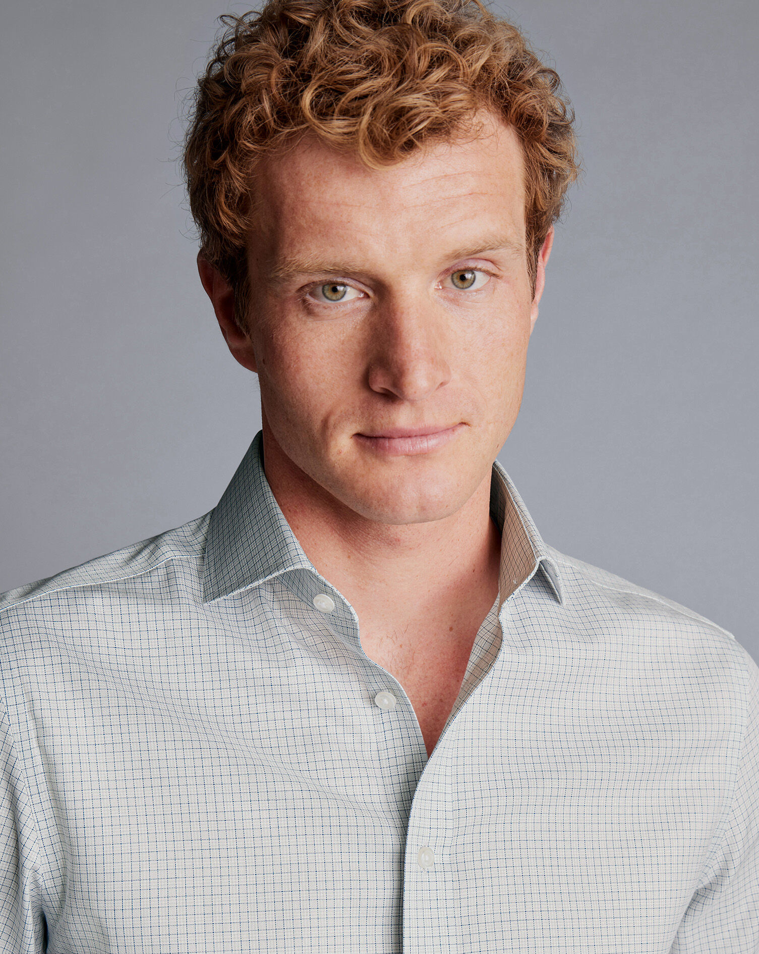 Spread Collar Non-Iron Mini Prince of Wales Check Shirt - Silver Grey