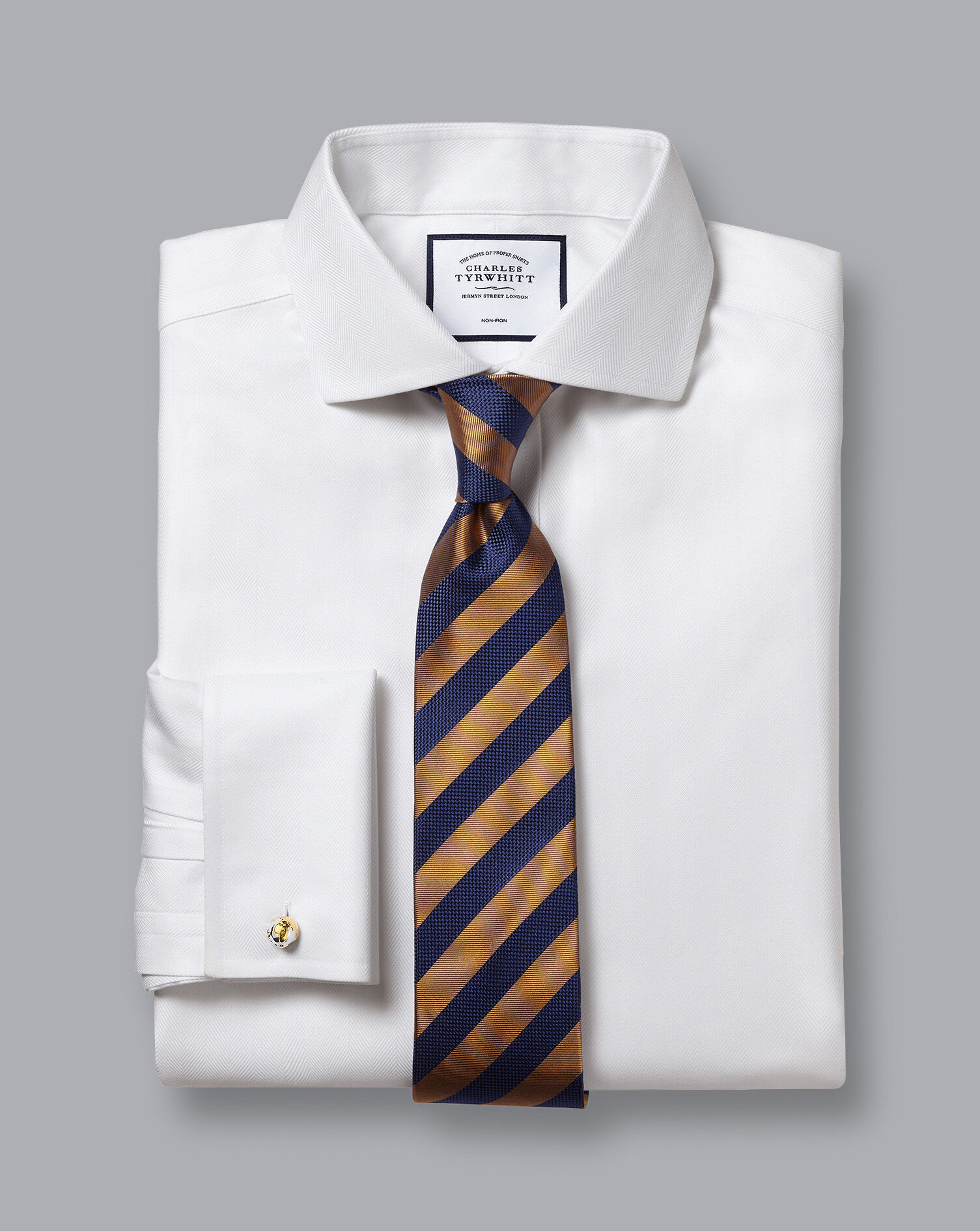 Spread Collar Non-Iron Herringbone Shirt - White