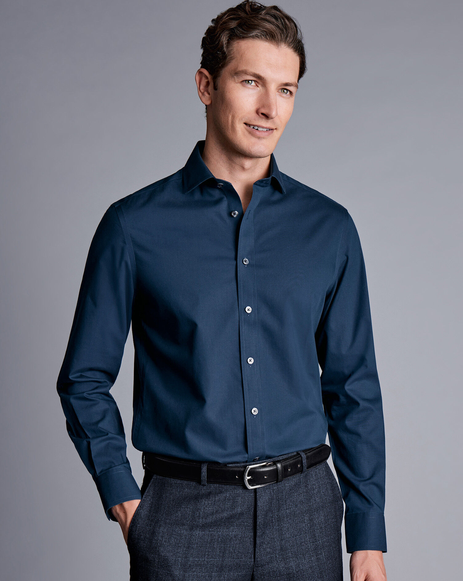 Spread Collar Non-Iron Poplin Shirt - Petrol Blue
