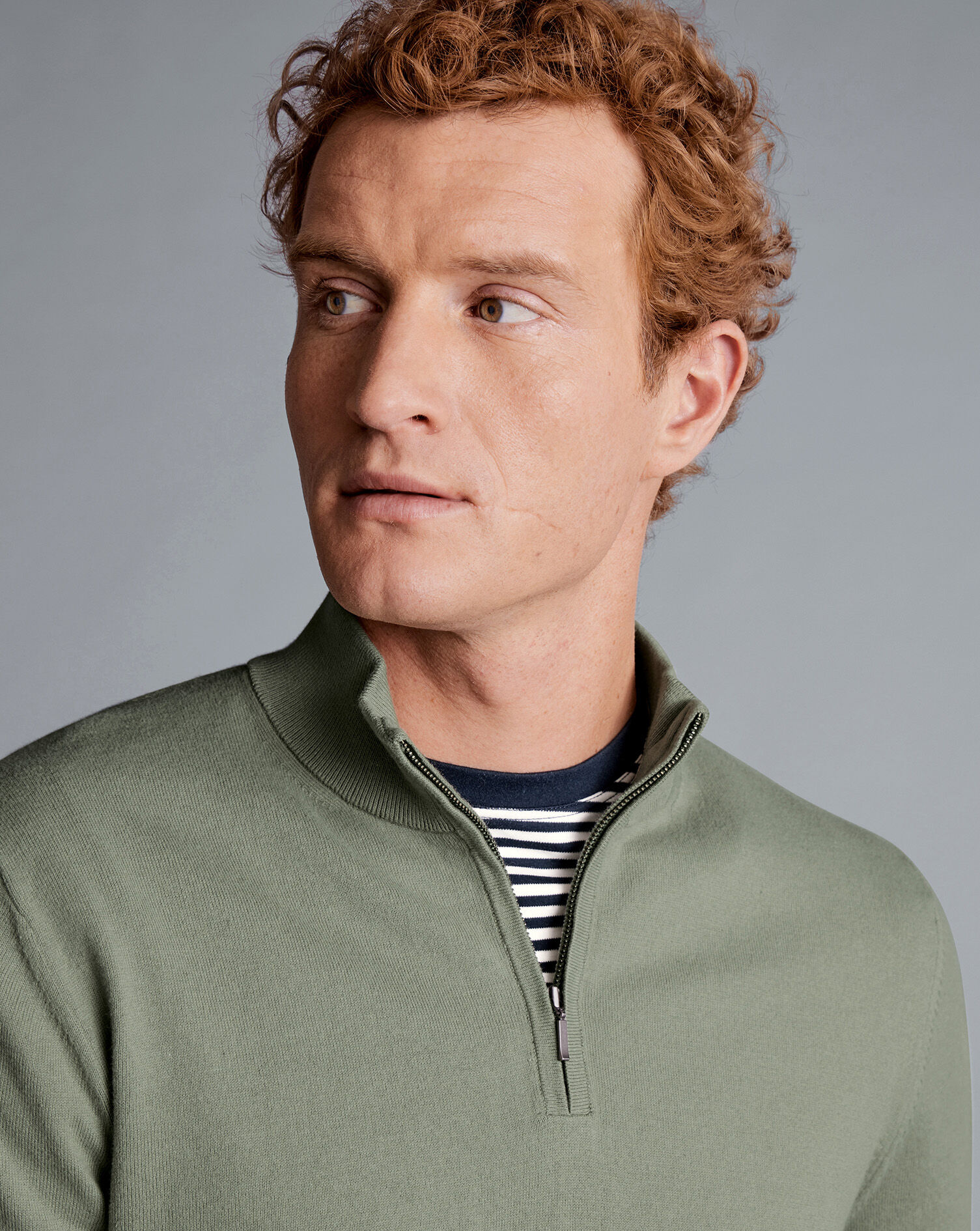 Combed Cotton Zip Neck Sweater - Sage Green