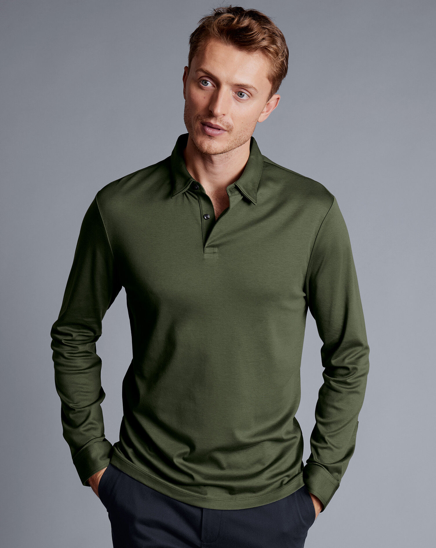 Smart Long Sleeve Jersey Polo - Olive Green
