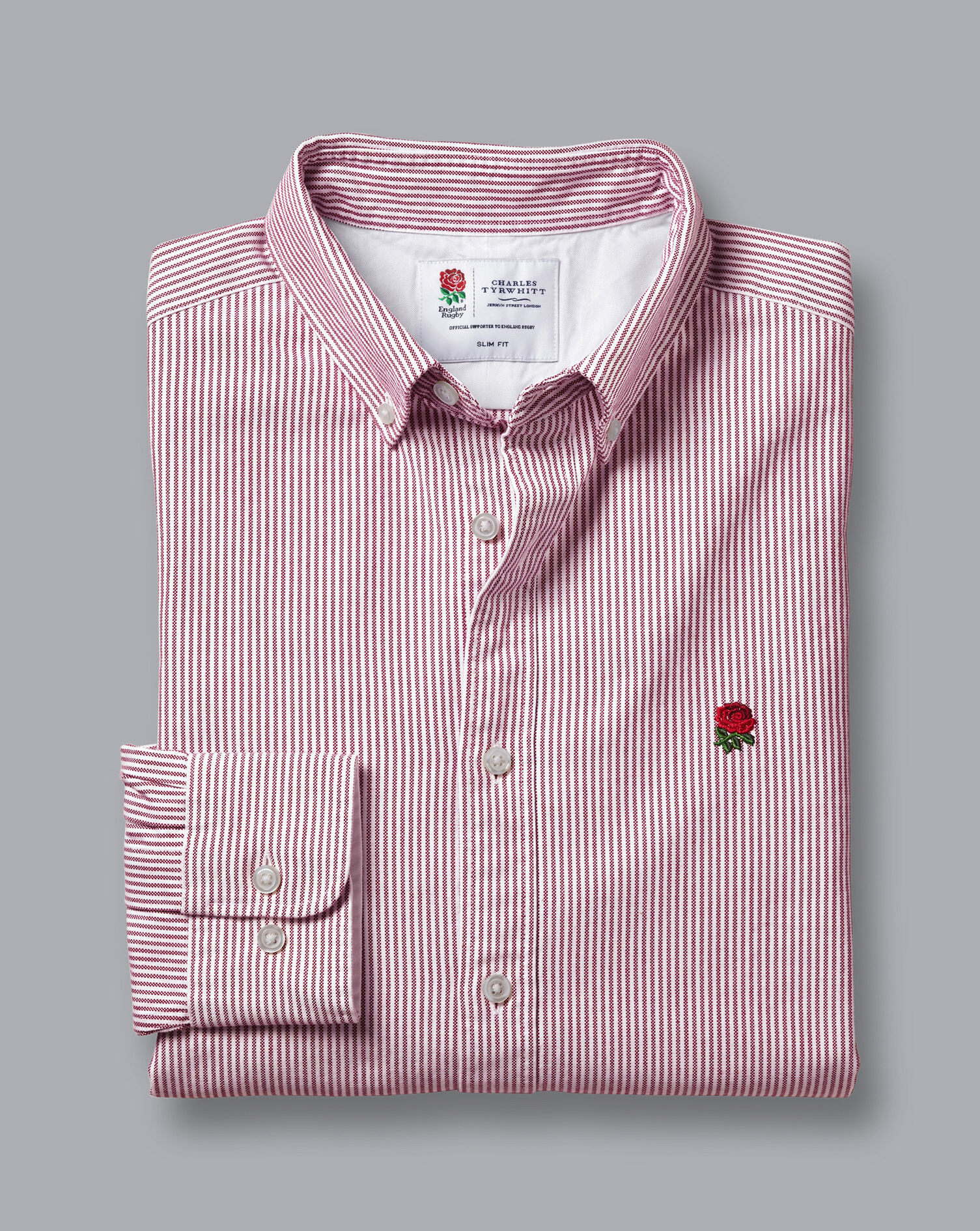 England Rugby Button-Down Collar Washed Oxford Stripe Shirt - Wine Red